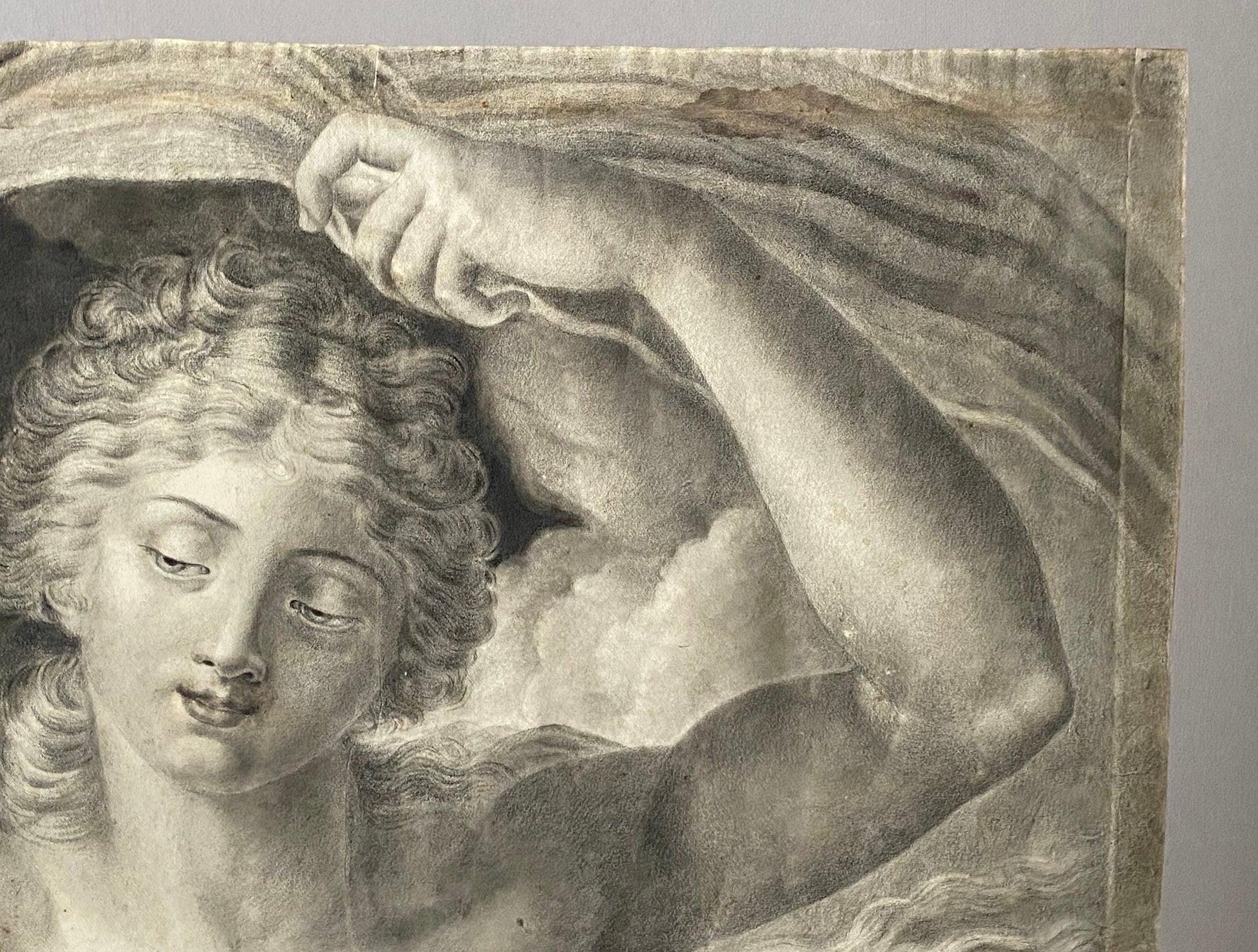 A Original Antigue Hand Drawn Charcoal Drawing of A Woman Women. French. Late 18th Century. Size: 40 x 49 cms.