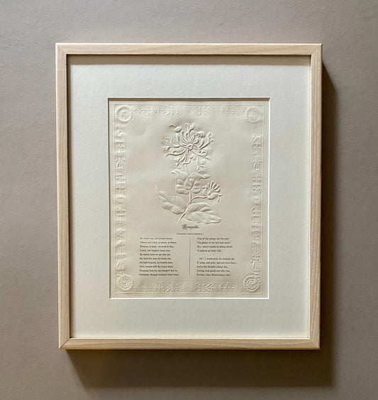 Honeysuckle. An Antique Embossed Paper Image. With Poem in Black Script. Framed Using Clear Glass in a Limed Frame. Size: 35 x 30.5 cms.