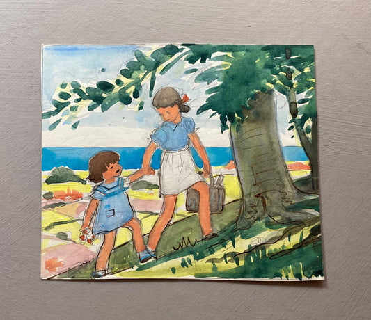 An Original Coloured Illustration From The 1950’s. Two Girls. Sisters Walking. Watercolour and Gouche. Size: 18.5 x 15.5 cms.