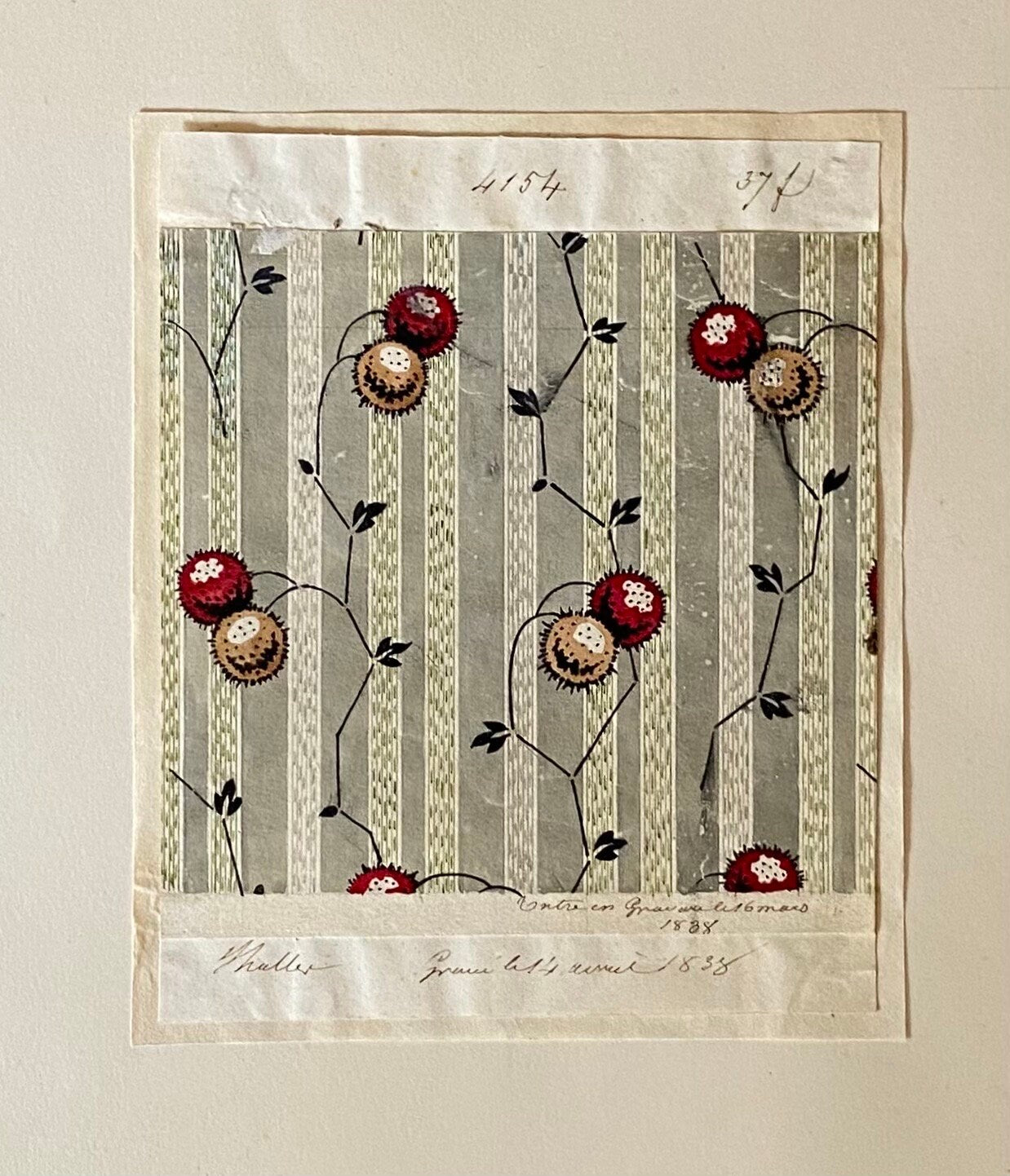 A Genuine 19th Century handpainted French Textile Design. Dated 1838. Mounted on Antique Paper. Size: 11.5 x 14 cms.