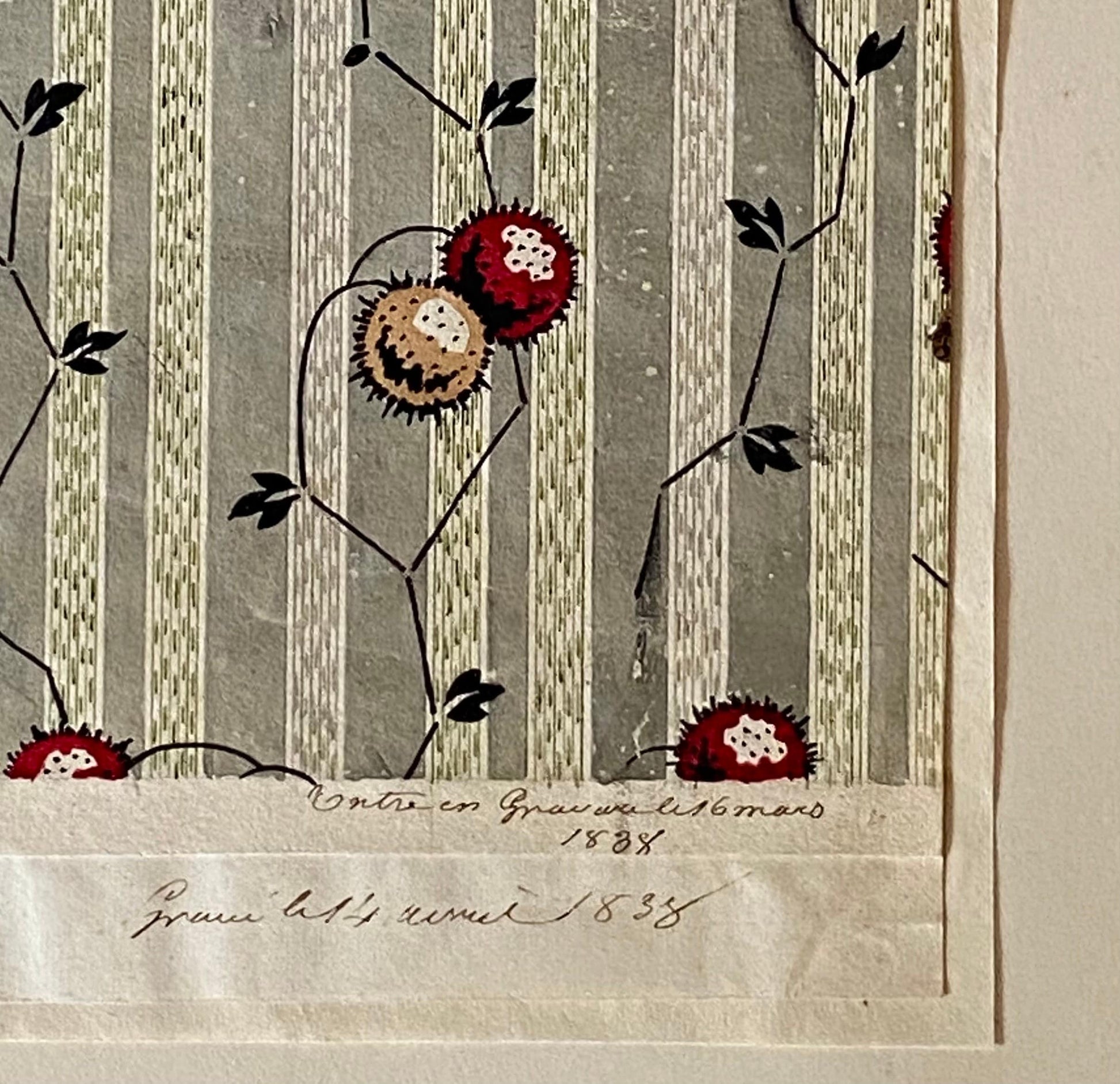 A Genuine 19th Century handpainted French Textile Design. Dated 1838. Mounted on Antique Paper. Size: 11.5 x 14 cms.