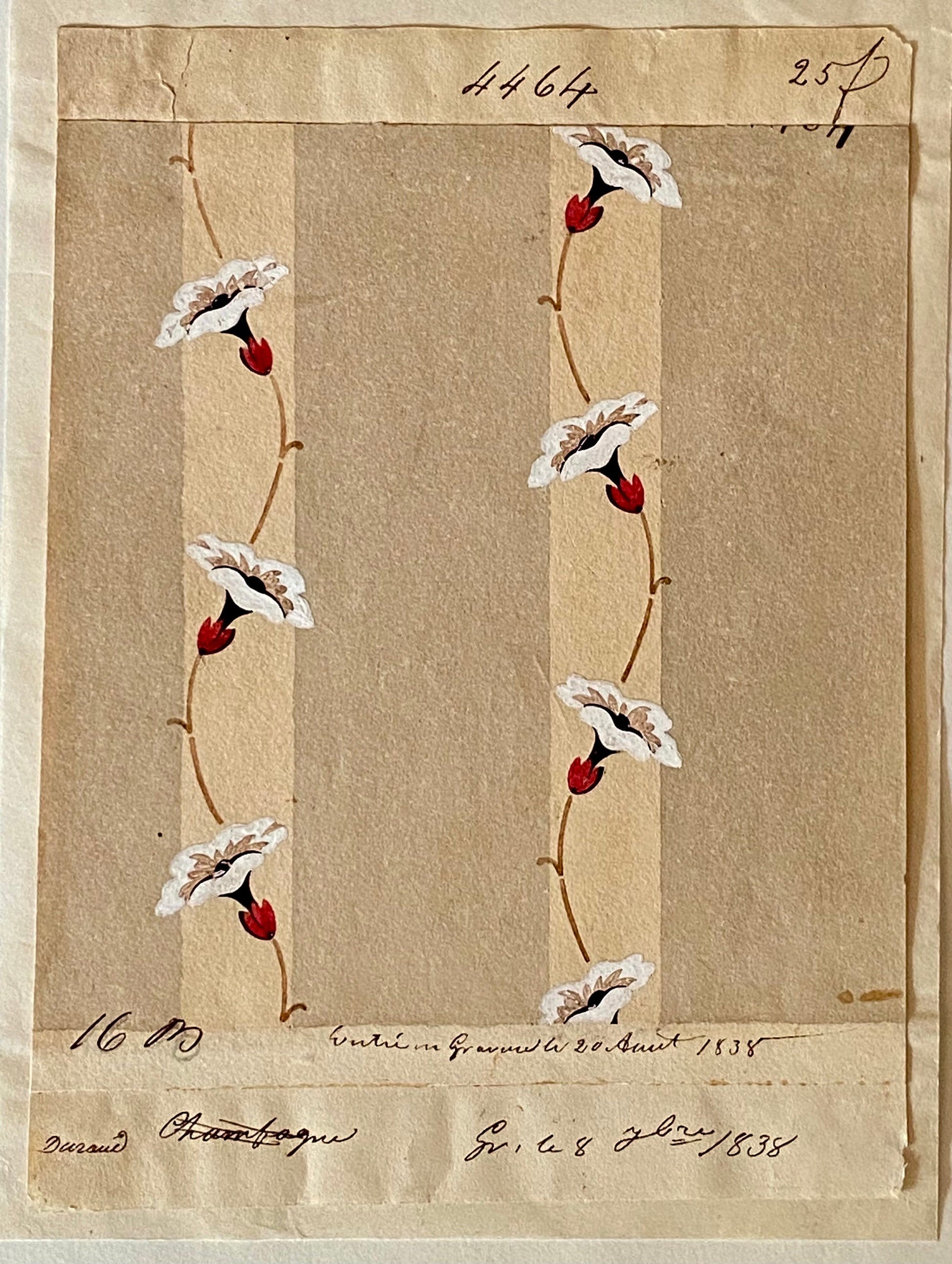 A Genuine 19th Century French Textile Design. Dated 1838. Mounted on Antique Paper. Size: 10.3 x 18.5 cms.