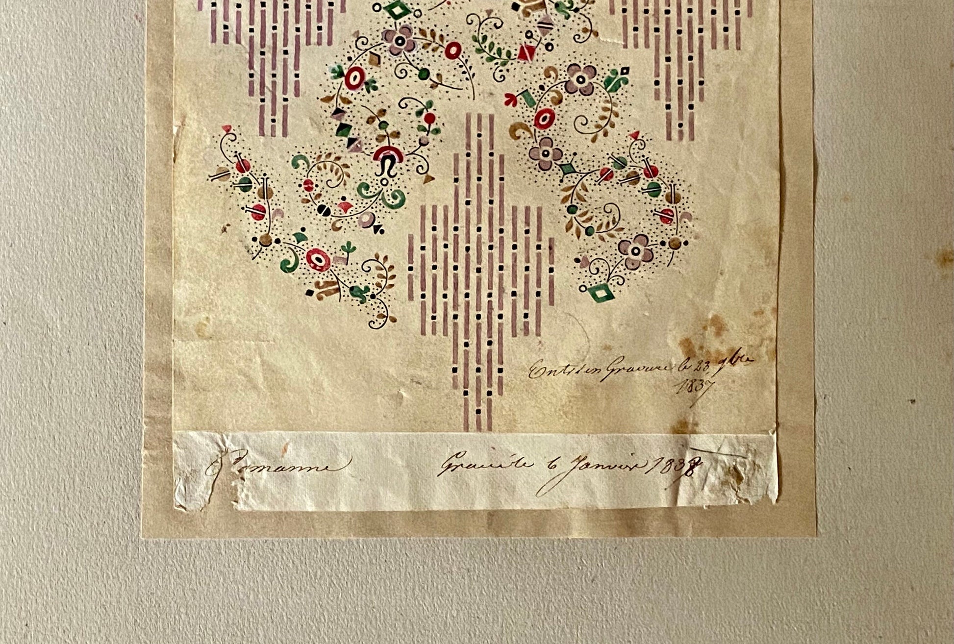 A Genuine 19th Century French Textile Design. Dated 1838. Mounted on Antique Paper. Size: 10.5 x 18.5 cms.