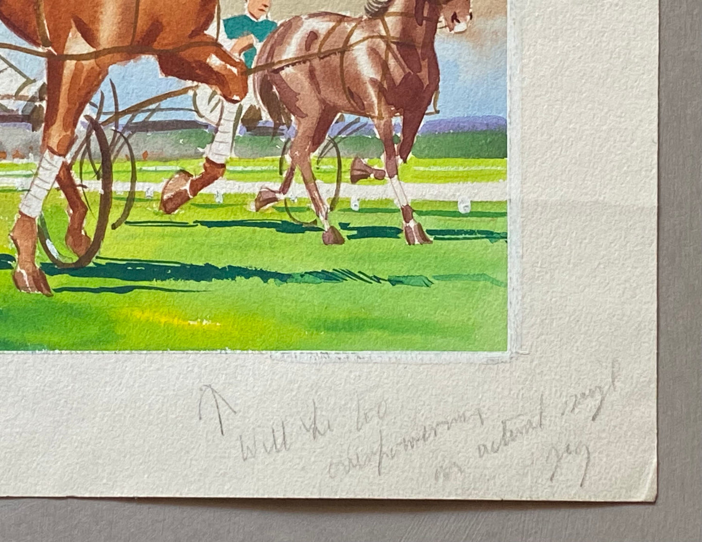 An Original Coloured Illustration From The 1950’s. Horses Racing. With Annotations. Watercolour and Gouche. Size: 25 x 18.7 cms.