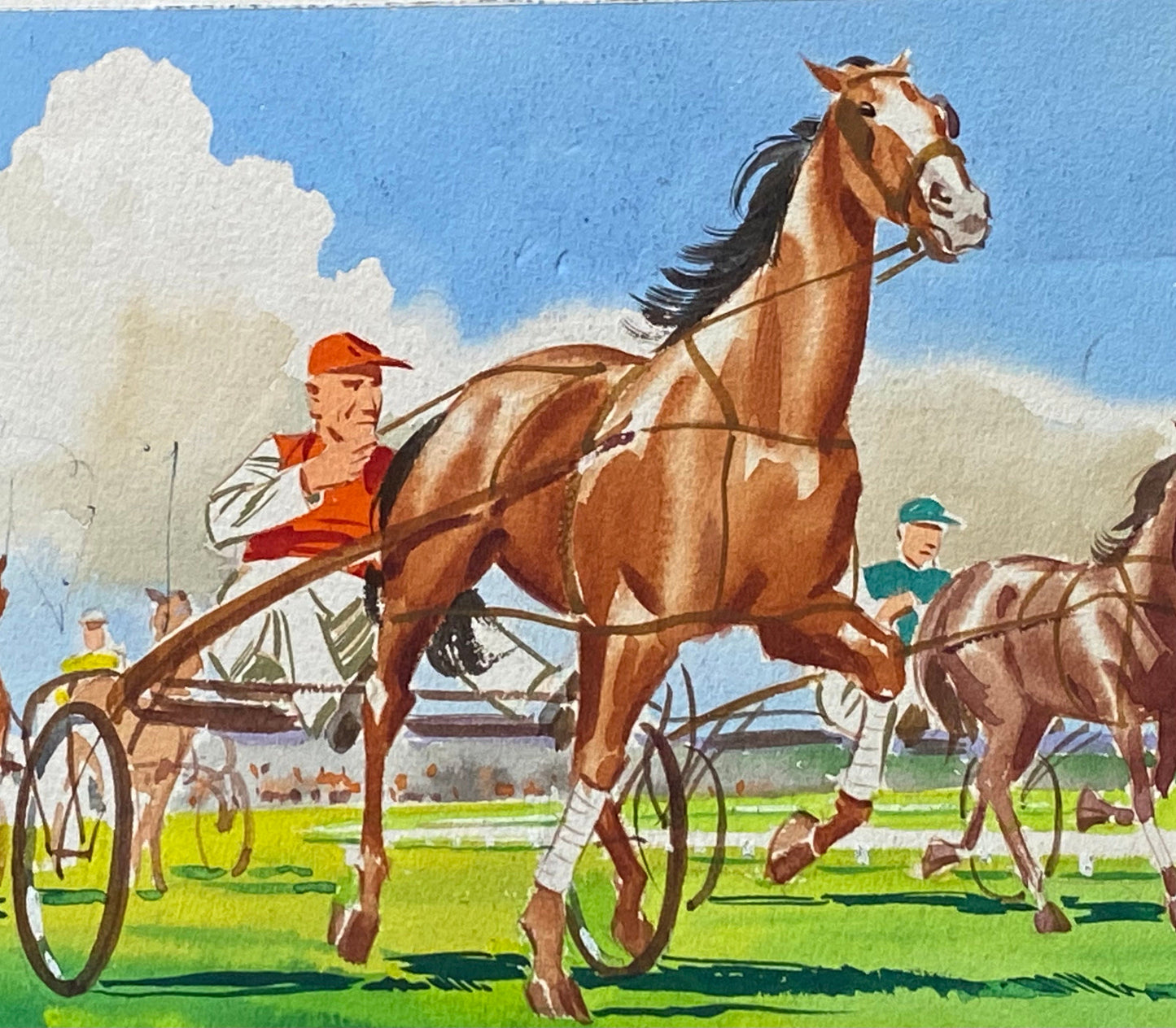 An Original Coloured Illustration From The 1950’s. Horses Racing. With Annotations. Watercolour and Gouche. Size: 25 x 18.7 cms.