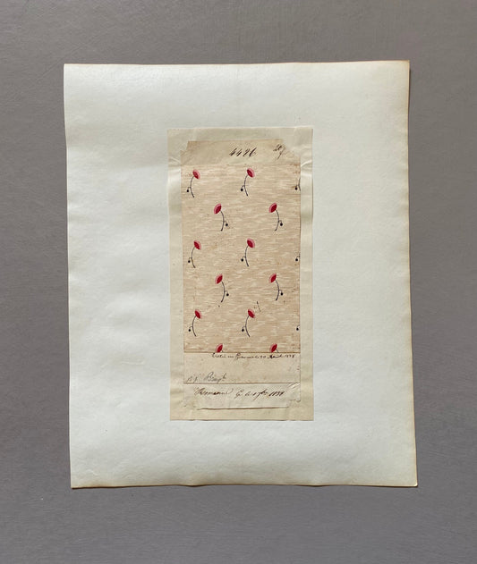 A Genuine 19th Century French Textile Design. Dated 1838. Mounted on Antique Paper. Size: 7.8 x 17.7 cms.