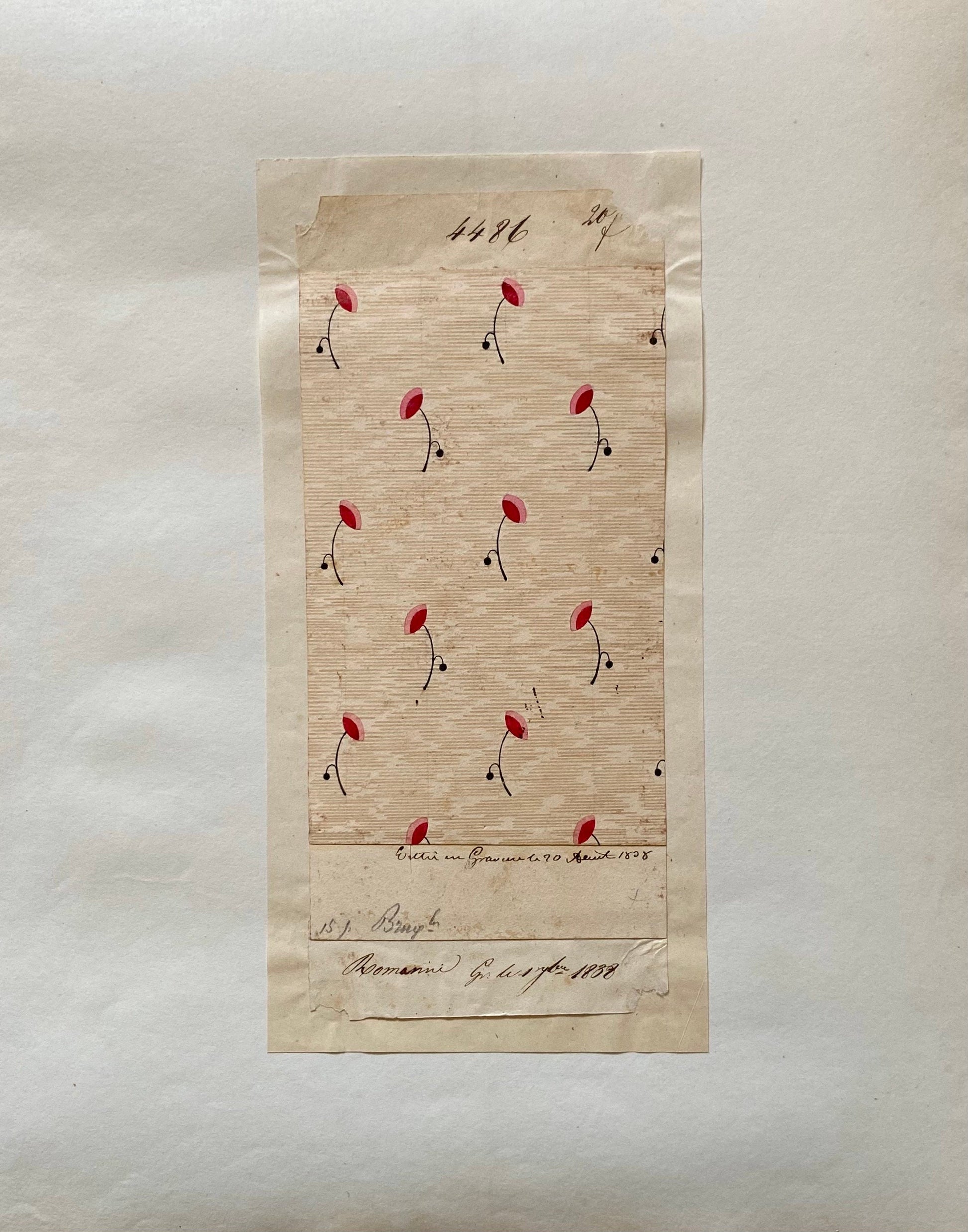 A Genuine 19th Century French Textile Design. Dated 1838. Mounted on Antique Paper. Size: 7.8 x 17.7 cms.