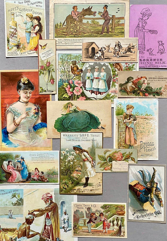 A collection of 16 American Trade Cards Dating From The Late 1800s. Largest: 13.5 x 17 cms.