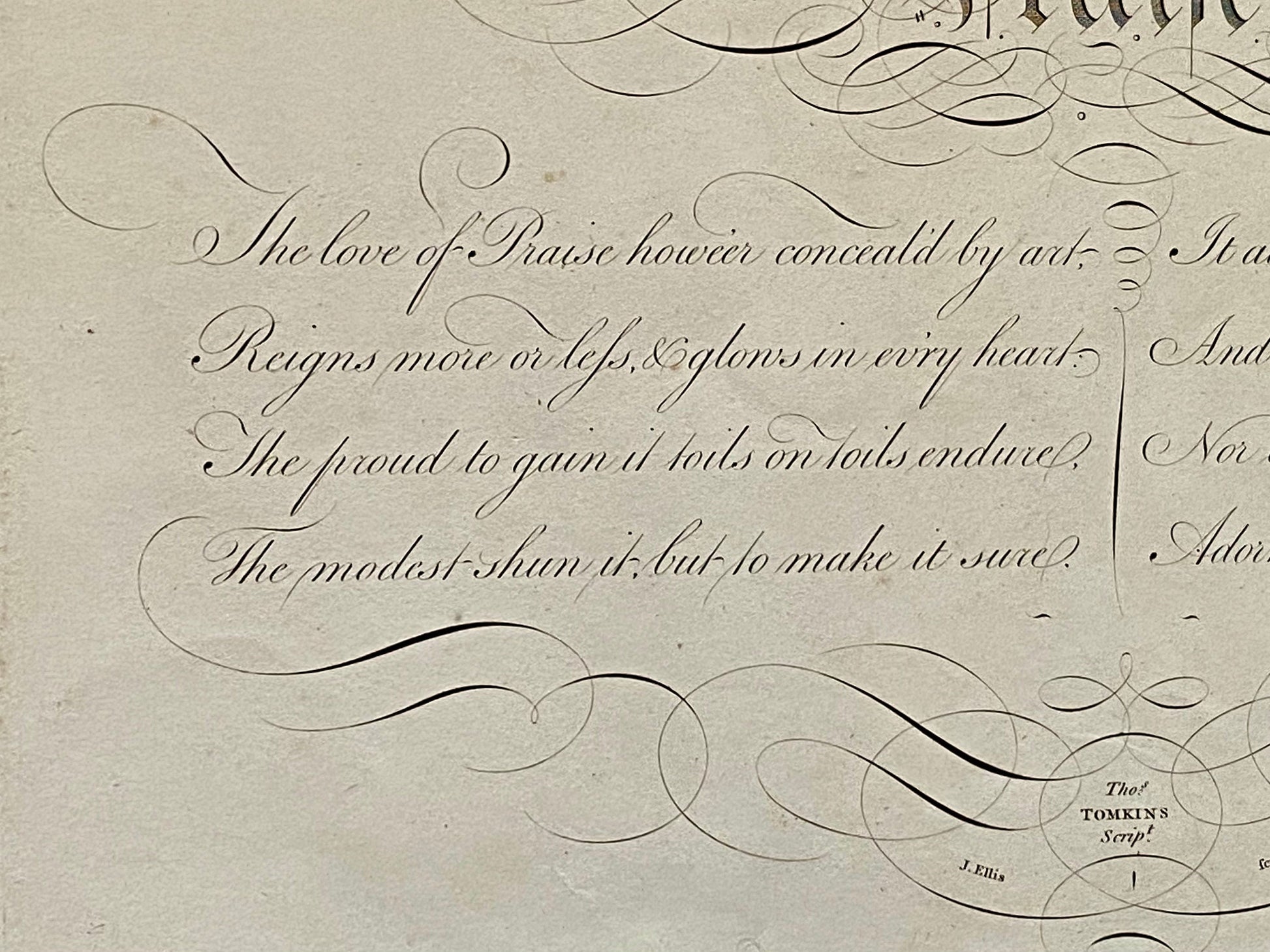 Praise. From Edward Young (1683-1765). Calligraphy by Thomas Tomkins. From The Beauties of Writing. Published in 1808. Size: 28 x 43.7 cms