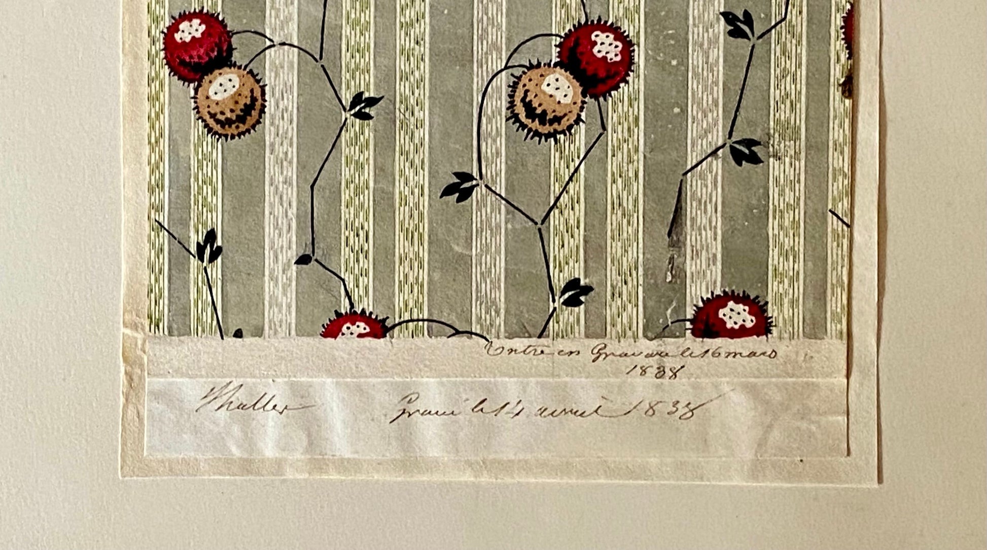 A Genuine 19th Century handpainted French Textile Design. Dated 1838. Mounted on Antique Paper. Size: 11.5 x 14 cms.