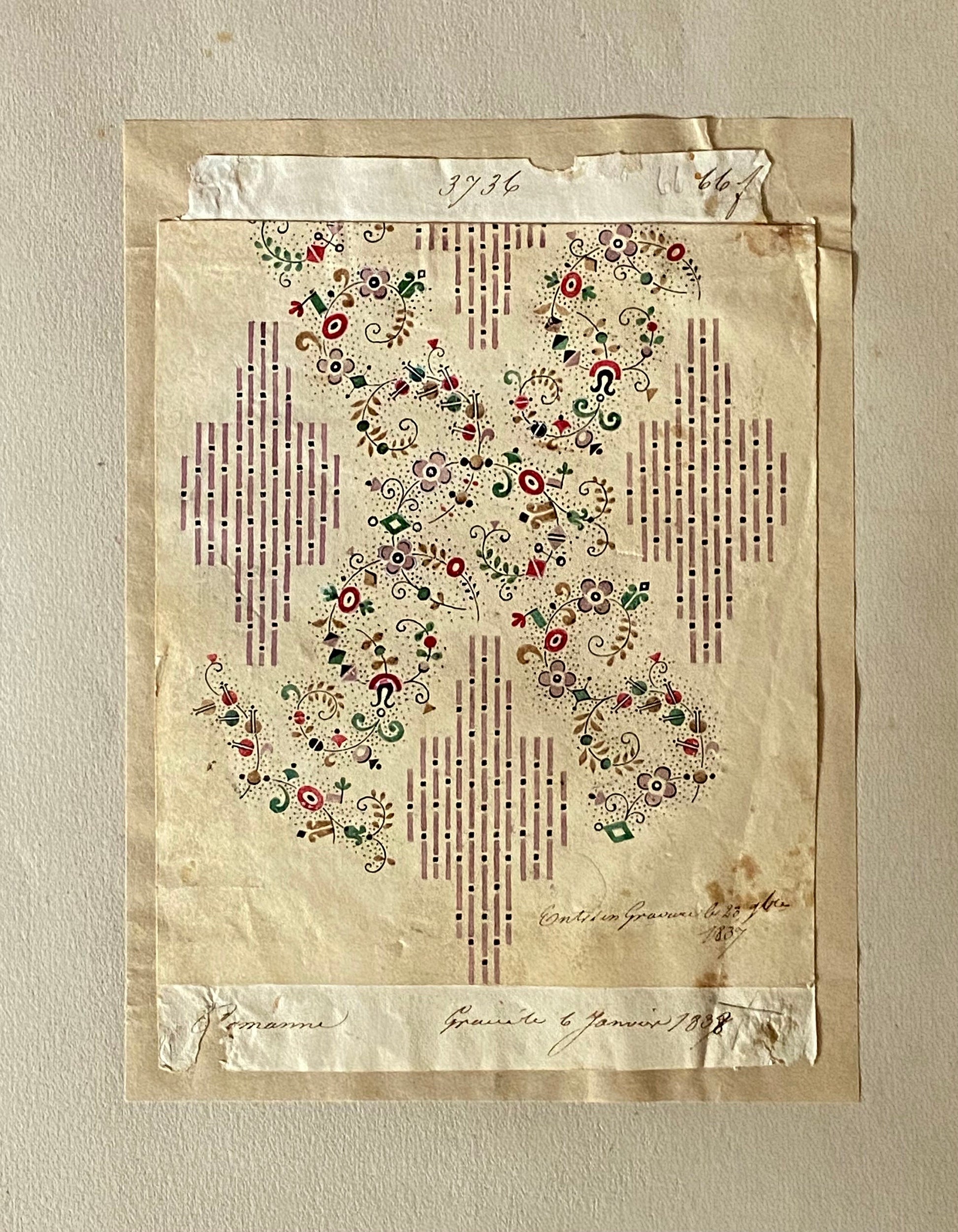 A Genuine 19th Century French Textile Design. Dated 1838. Mounted on Antique Paper. Size: 10.5 x 18.5 cms.