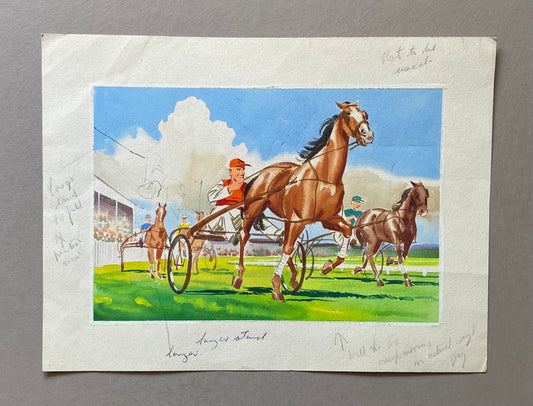 An Original Coloured Illustration From The 1950’s. Horses Racing. With Annotations. Watercolour and Gouche. Size: 25 x 18.7 cms.