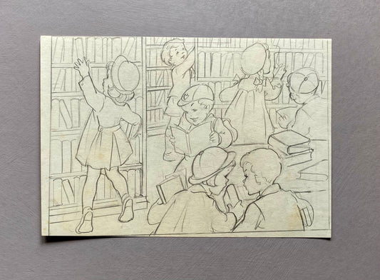 An Original Book Illustration From The 1950’s. Children at The Library. Pencil Drawing. 23 x16 cms.