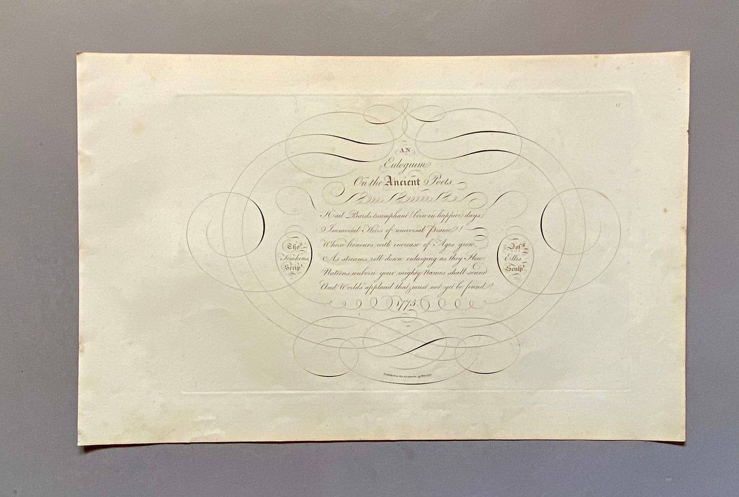 An Eulogium on The Ancient Poets. Calligraphy by Thomas Tomkins. From The Beauties of Writing. Published in 1808. Size: 28 x 43.7 cms
