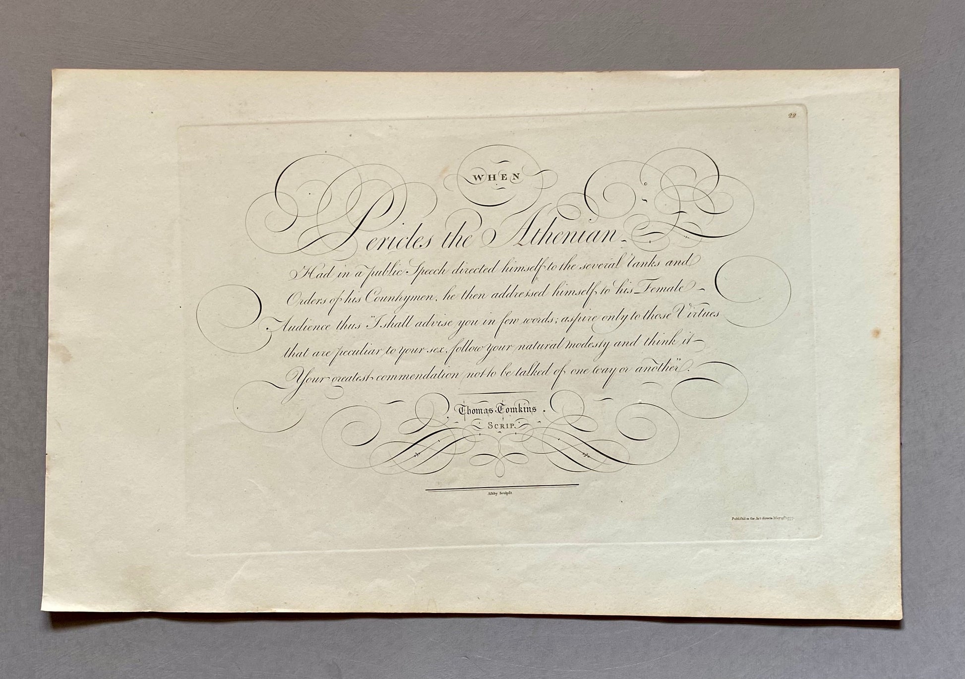 Pericles the Athenian. Calligraphy by Thomas Tomkins. From The Beauties of Writing. Published in 1808. Size: 28 x 43.7 cms