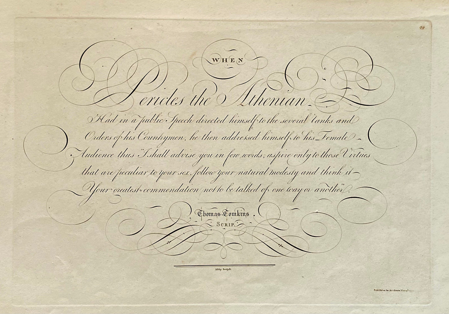 Pericles the Athenian. Calligraphy by Thomas Tomkins. From The Beauties of Writing. Published in 1808. Size: 28 x 43.7 cms