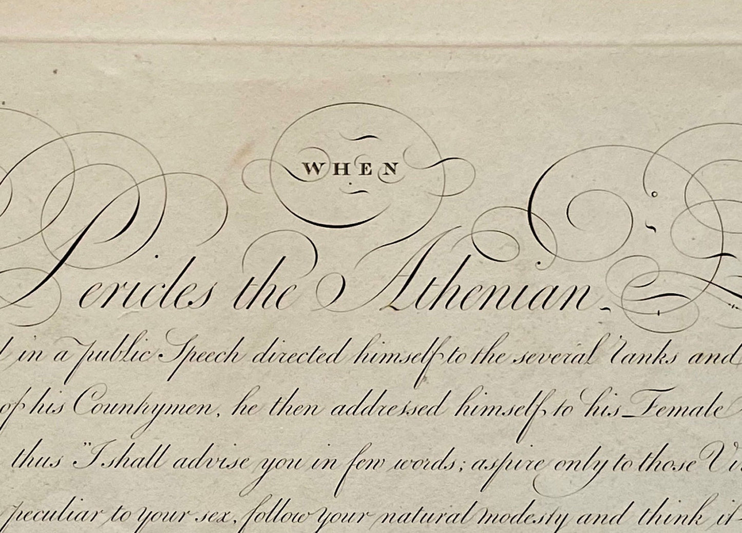 Pericles the Athenian. Calligraphy by Thomas Tomkins. From The Beauties of Writing. Published in 1808. Size: 28 x 43.7 cms
