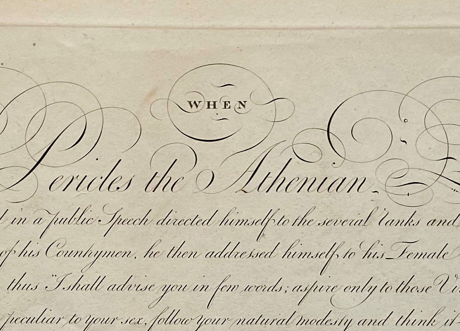 Pericles the Athenian. Calligraphy by Thomas Tomkins. From The Beauties of Writing. Published in 1808. Size: 28 x 43.7 cms