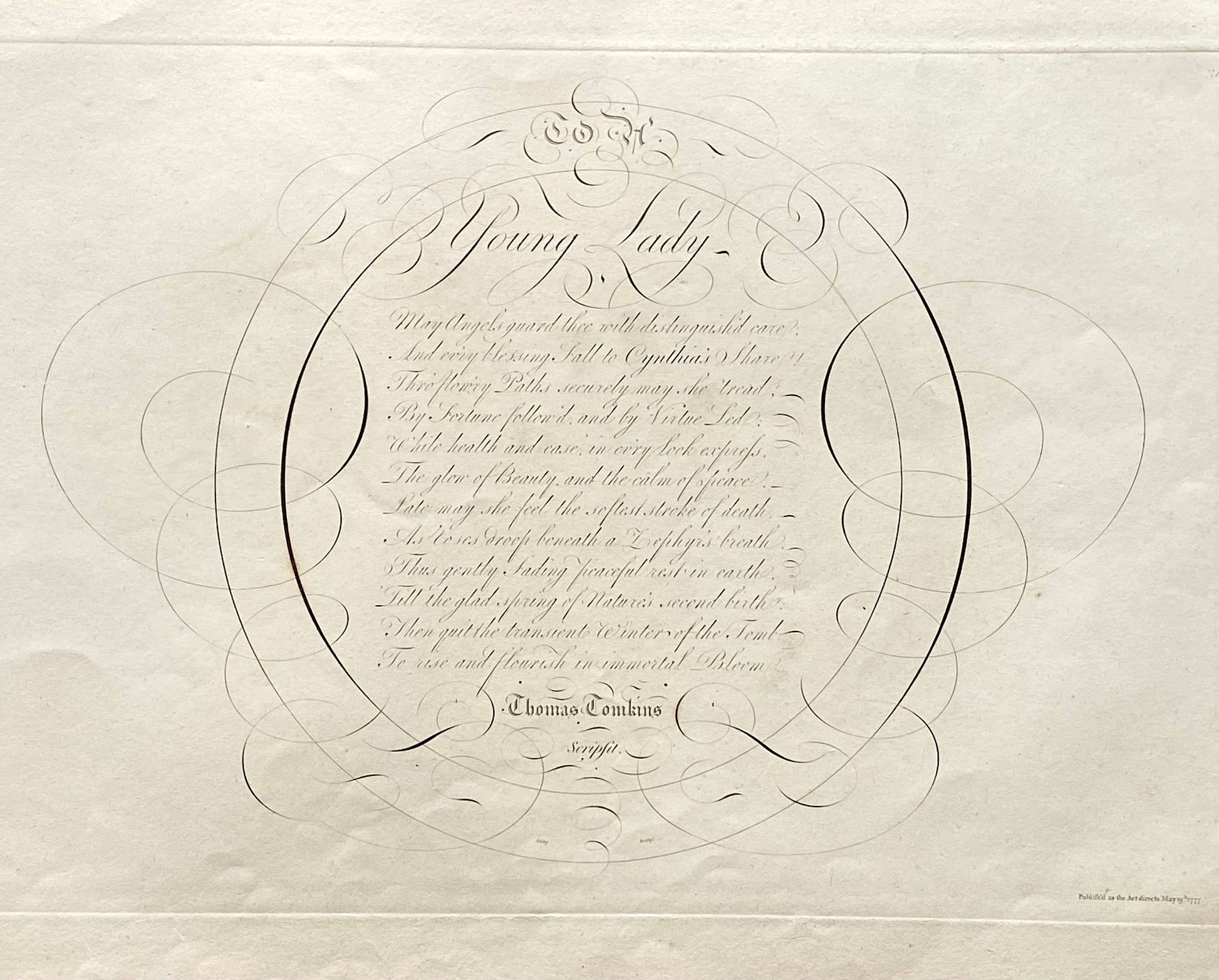 To A Young Lady. Calligraphy by Thomas Tomkins. From The Beauties of Writing. Published in 1808. Size: 28 x 43.7 cms