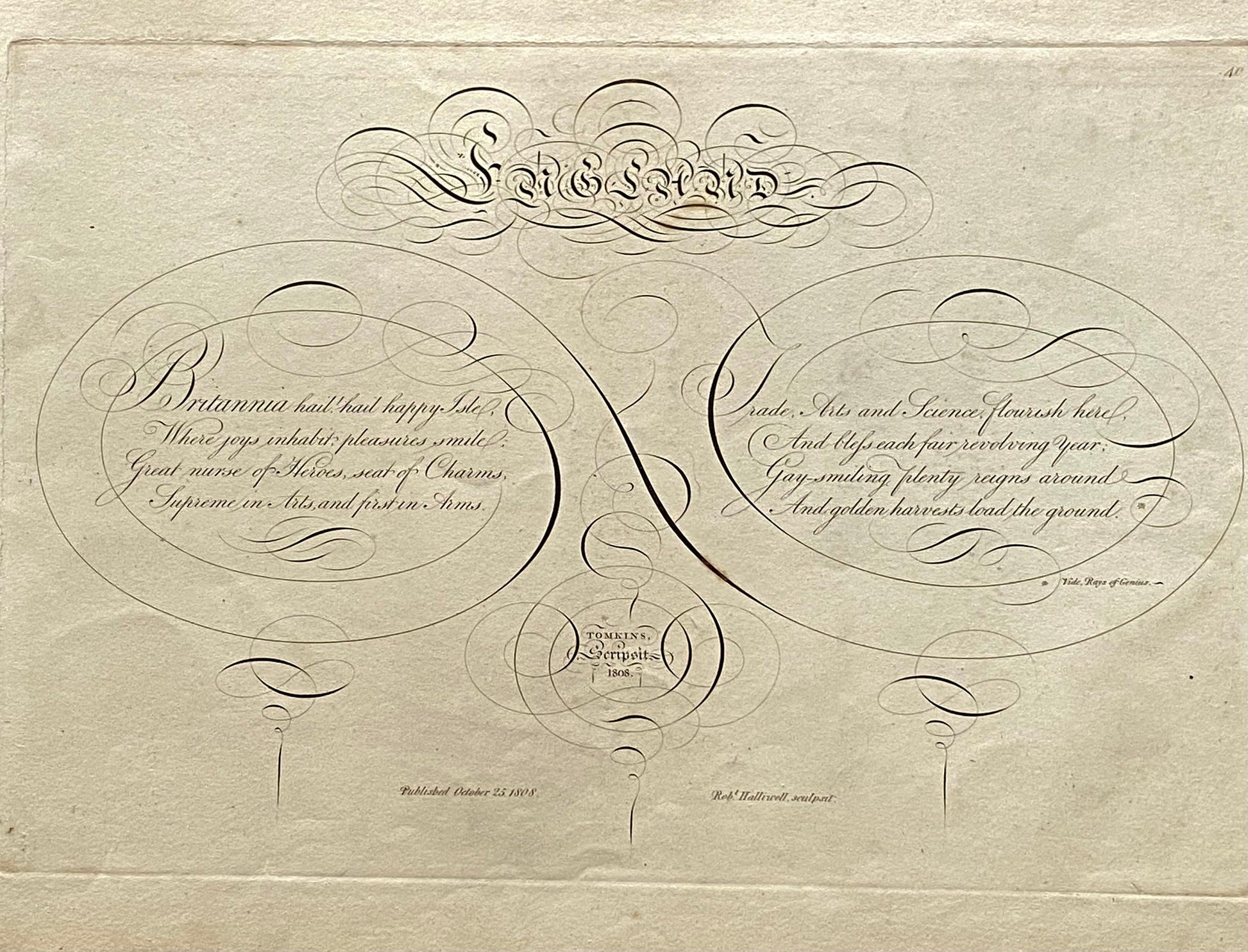 England. Calligraphy by Thomas Tomkins. From The Beauties of Writing. Published in 1808. Size: 28 x 43.7 cms