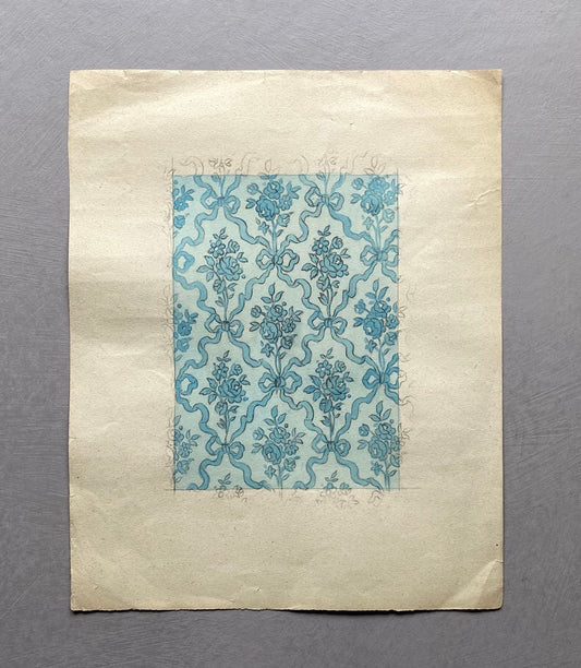 An Original Antique French Textile Design. Pale Blue Posies and Ribbons. Hand Painted. Produced in Lyon. Late 1800s. Size: 11.5 x 16 cms.