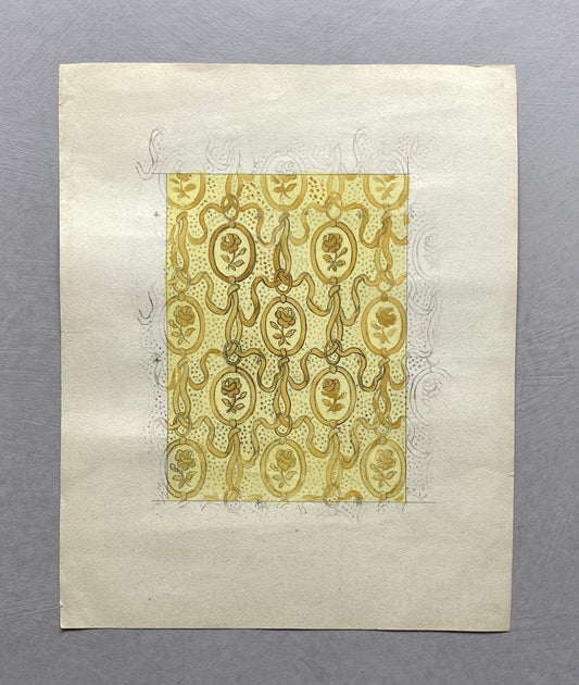 An Original Antique French Textile Design. Pale Yellow Roses and Ribbons. Hand Painted. Produced in Lyon. Late 1800s. Size: 12 x 16.2 cms.