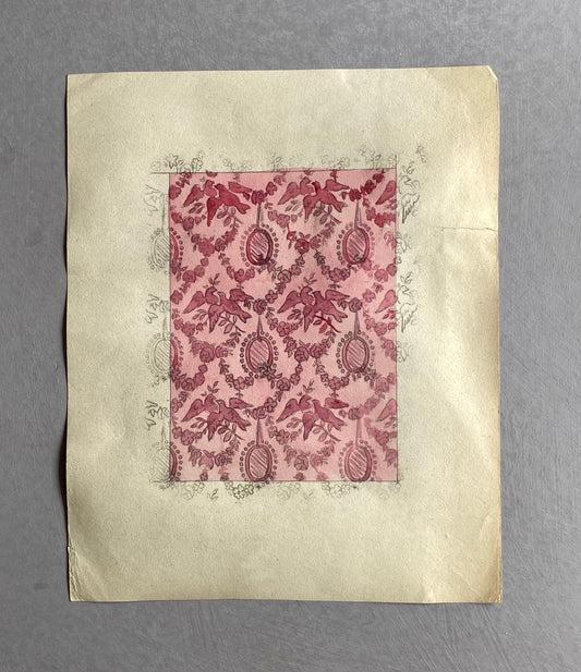 An Original Antique French Textile Design. Pink Doves. Hand Painted. Produced in Lyon. Late 1800s. Size: 10.7 x 16 cms.