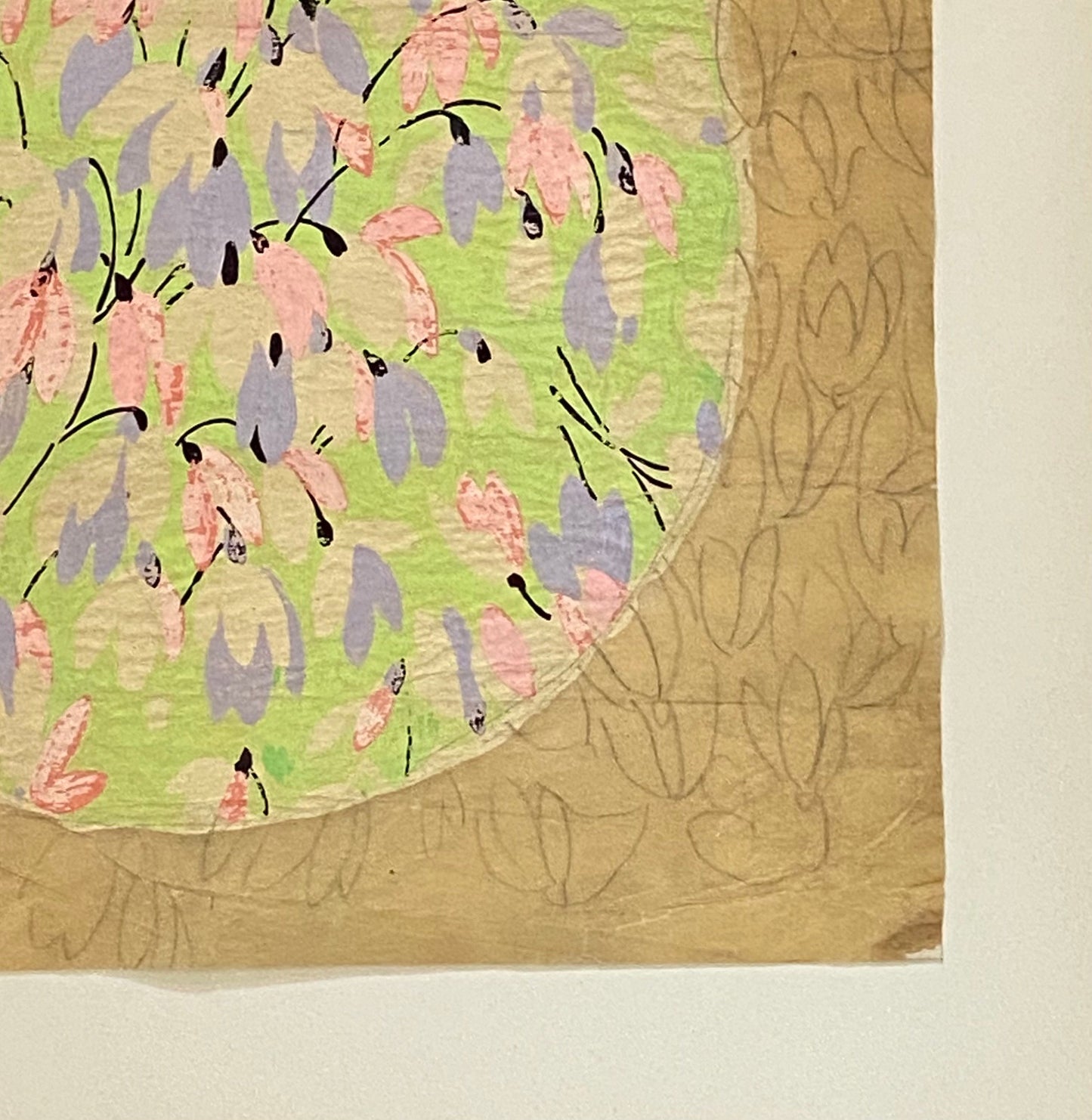 An Original Antique Textile Design. Hand Drawn and Painted. Produced in Lyon, France in the 1930s. Large: 26.5 x 25.5 cms.