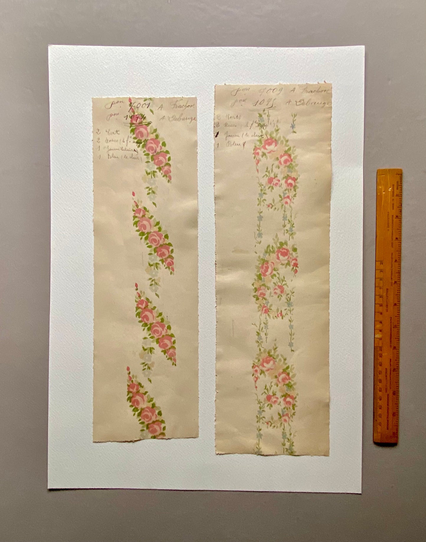 Roses. Two Original Antique Textile Designs. Hand Printed. Produced in Lyon, France in 1890. Large: 52 x 37 cms.