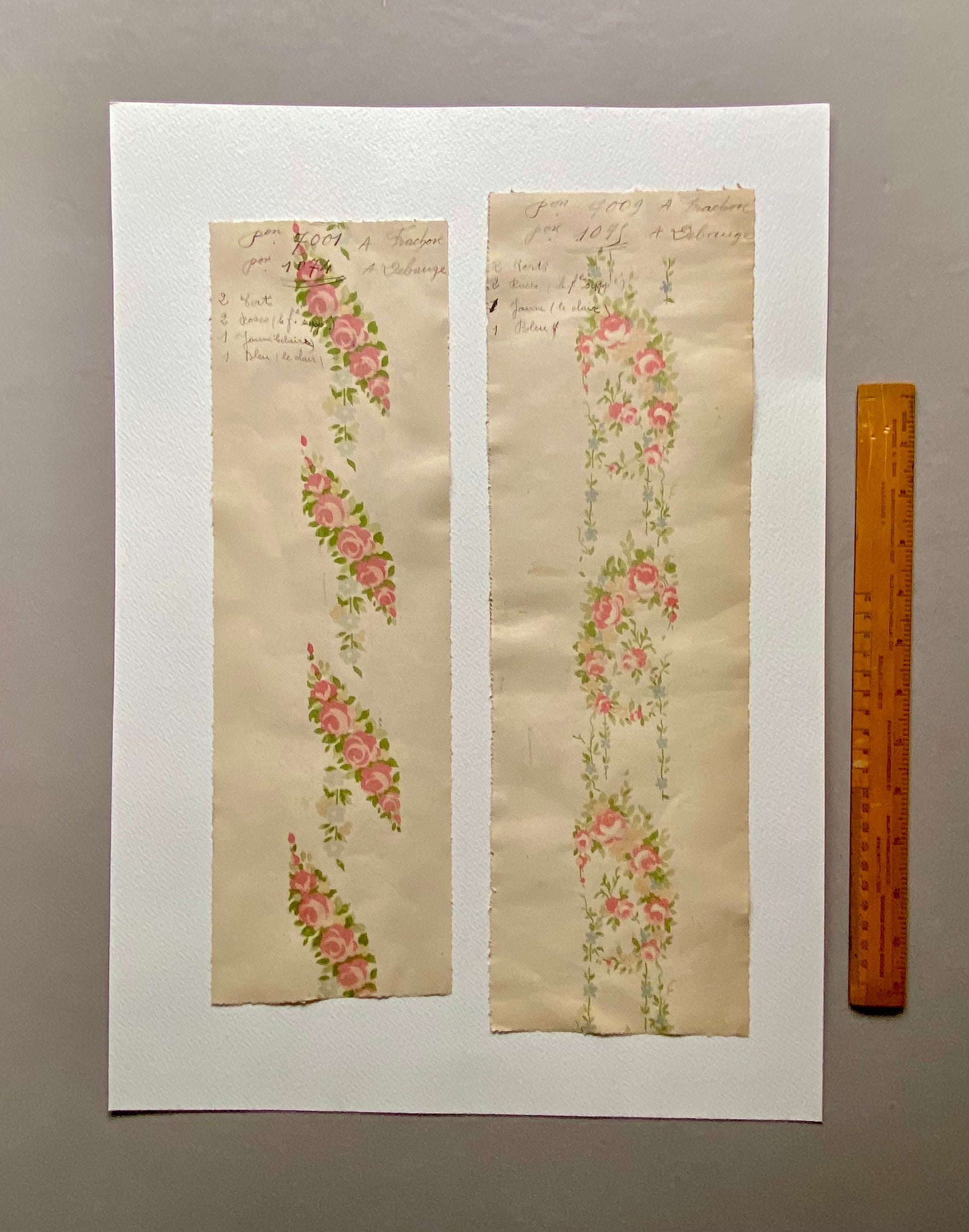 Roses. Two Original Antique Textile Designs. Hand Printed. Produced in Lyon, France in 1890. Large: 52 x 37 cms.