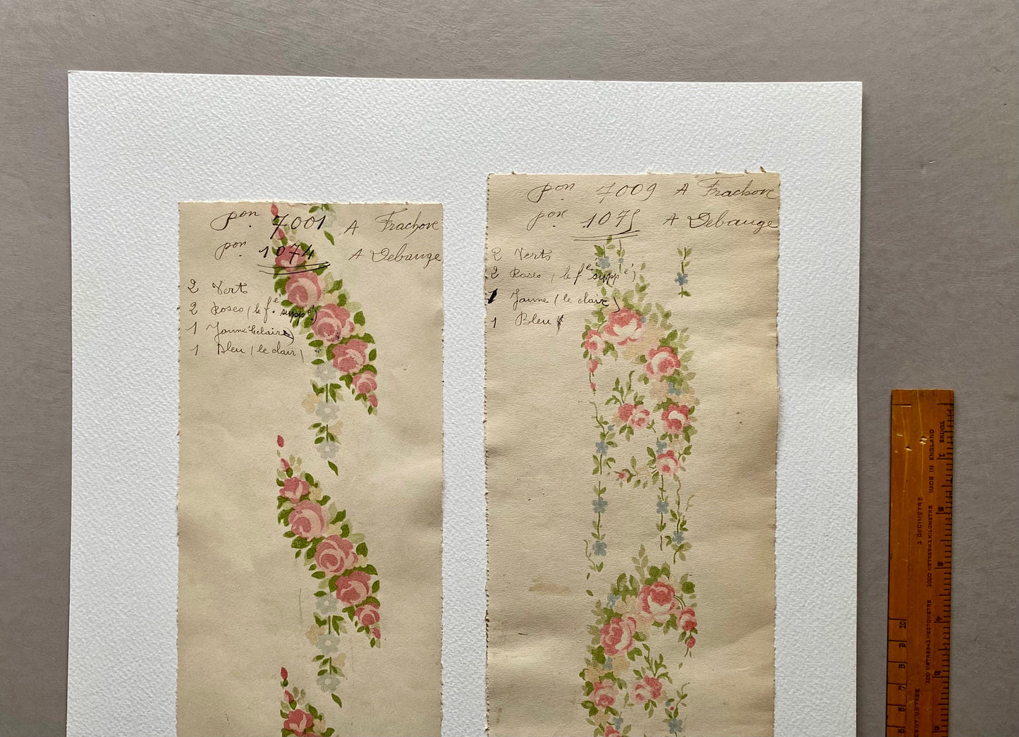 Roses. Two Original Antique Textile Designs. Hand Printed. Produced in Lyon, France in 1890. Large: 52 x 37 cms.