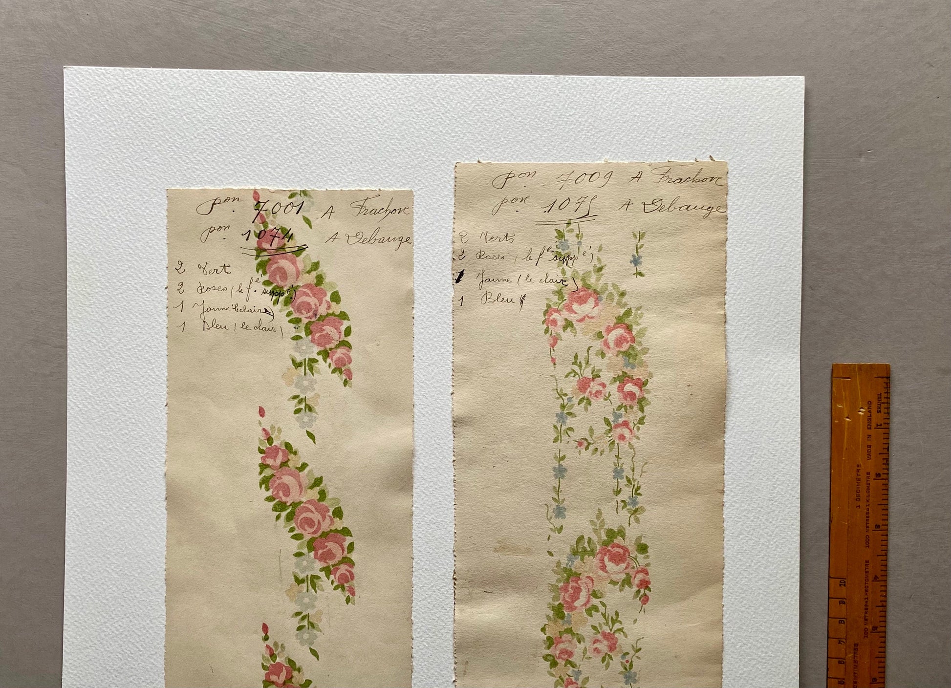 Roses. Two Original Antique Textile Designs. Hand Printed. Produced in Lyon, France in 1890. Large: 52 x 37 cms.