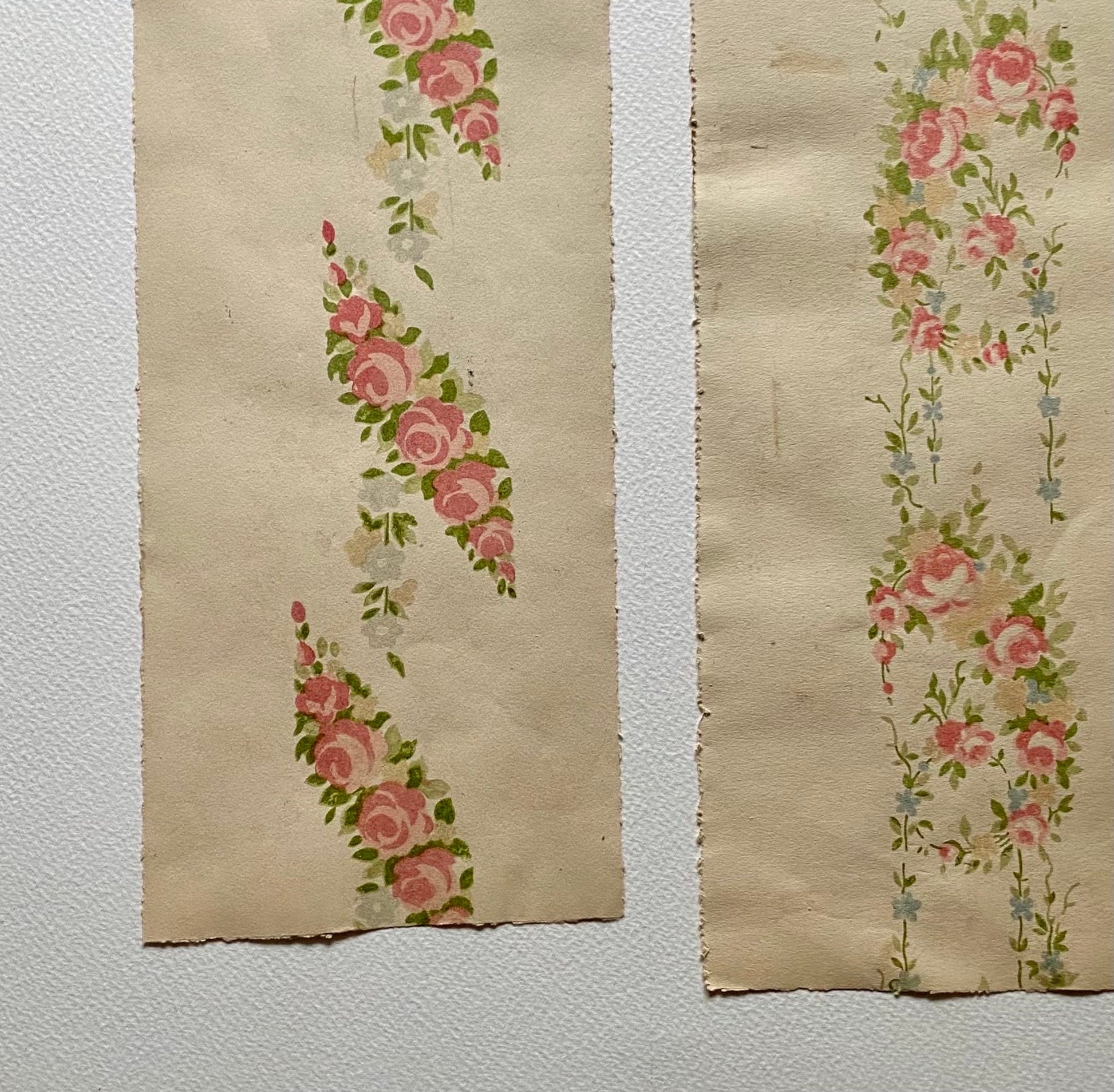 Roses. Two Original Antique Textile Designs. Hand Printed. Produced in Lyon, France in 1890. Large: 52 x 37 cms.