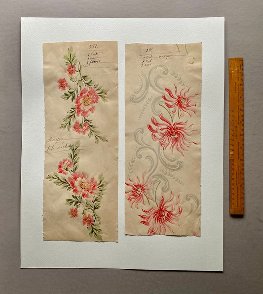 Two Original Annotated Antique Textile Designs. Hand Printed. Produced in Lyon, France in 1890. Large: 41.5 x 50 cms.