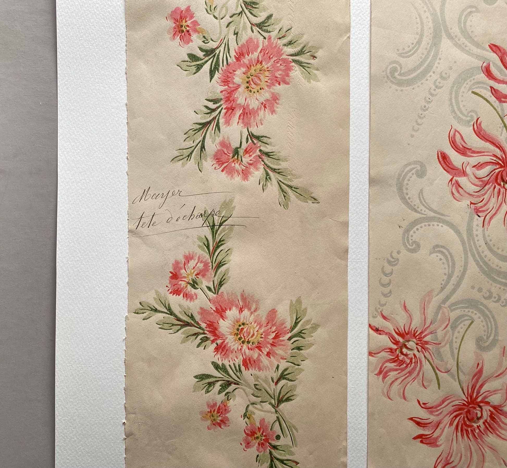 Two Original Annotated Antique Textile Designs. Hand Printed. Produced in Lyon, France in 1890. Large: 41.5 x 50 cms.