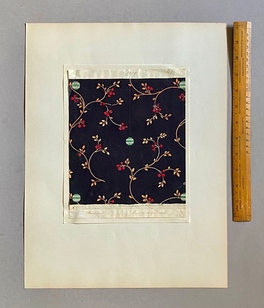 A Genuine 19th Century handpainted French Textile Design. Dated 1837. Mounted on Antique Paper. 16.3 x 14.5 cms.