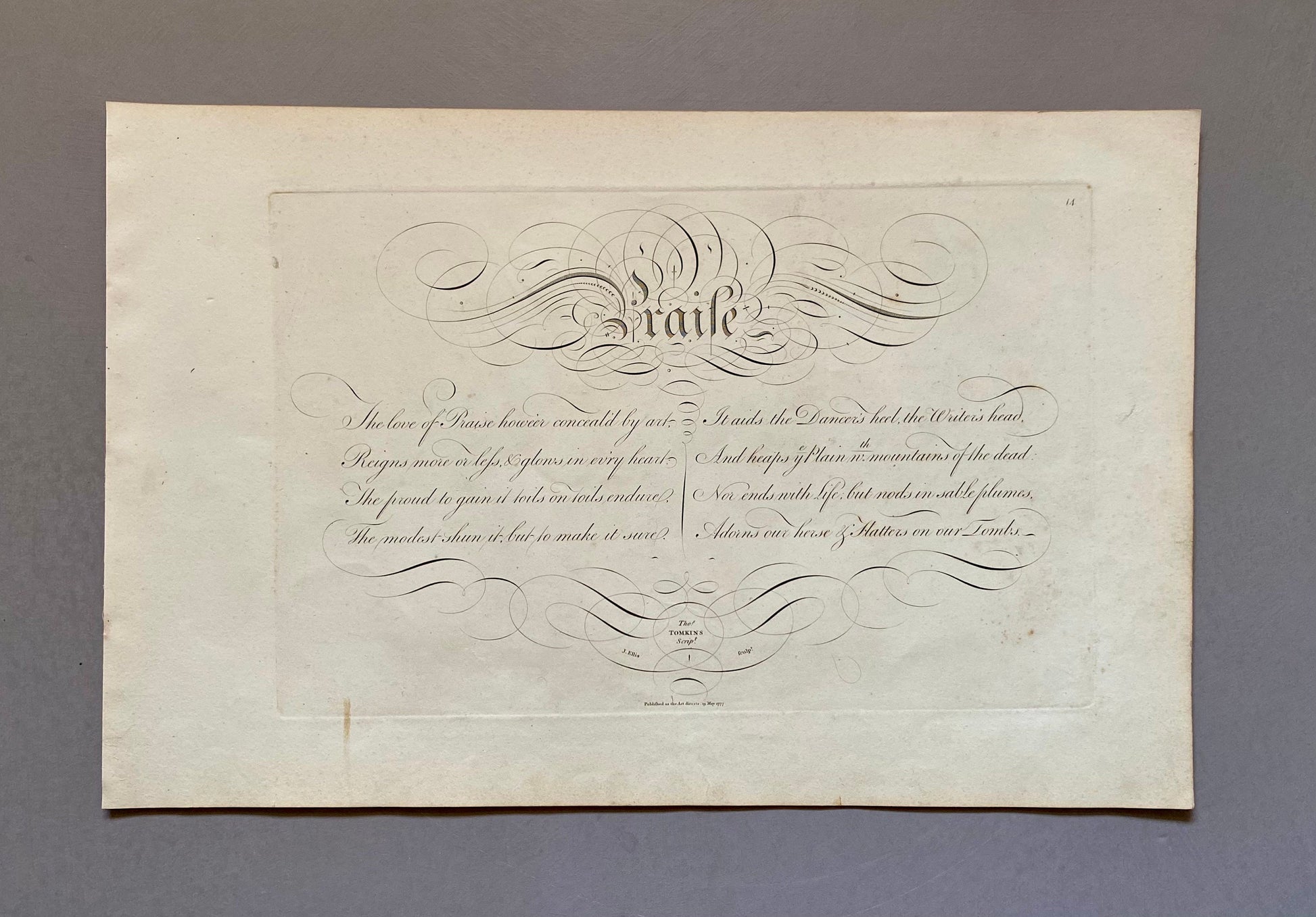 Praise. From Edward Young (1683-1765). Calligraphy by Thomas Tomkins. From The Beauties of Writing. Published in 1808. Size: 28 x 43.7 cms