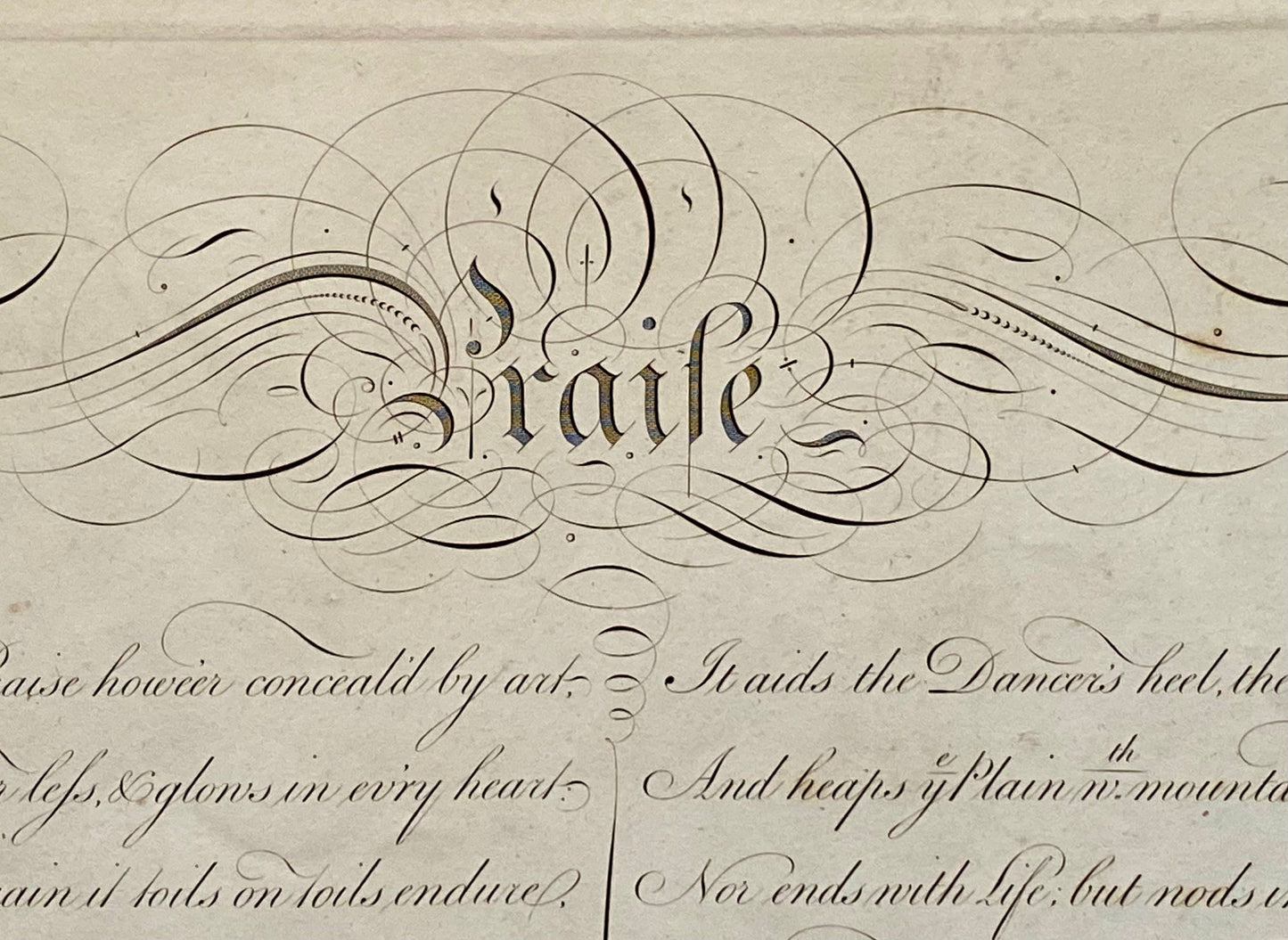 Praise. From Edward Young (1683-1765). Calligraphy by Thomas Tomkins. From The Beauties of Writing. Published in 1808. Size: 28 x 43.7 cms