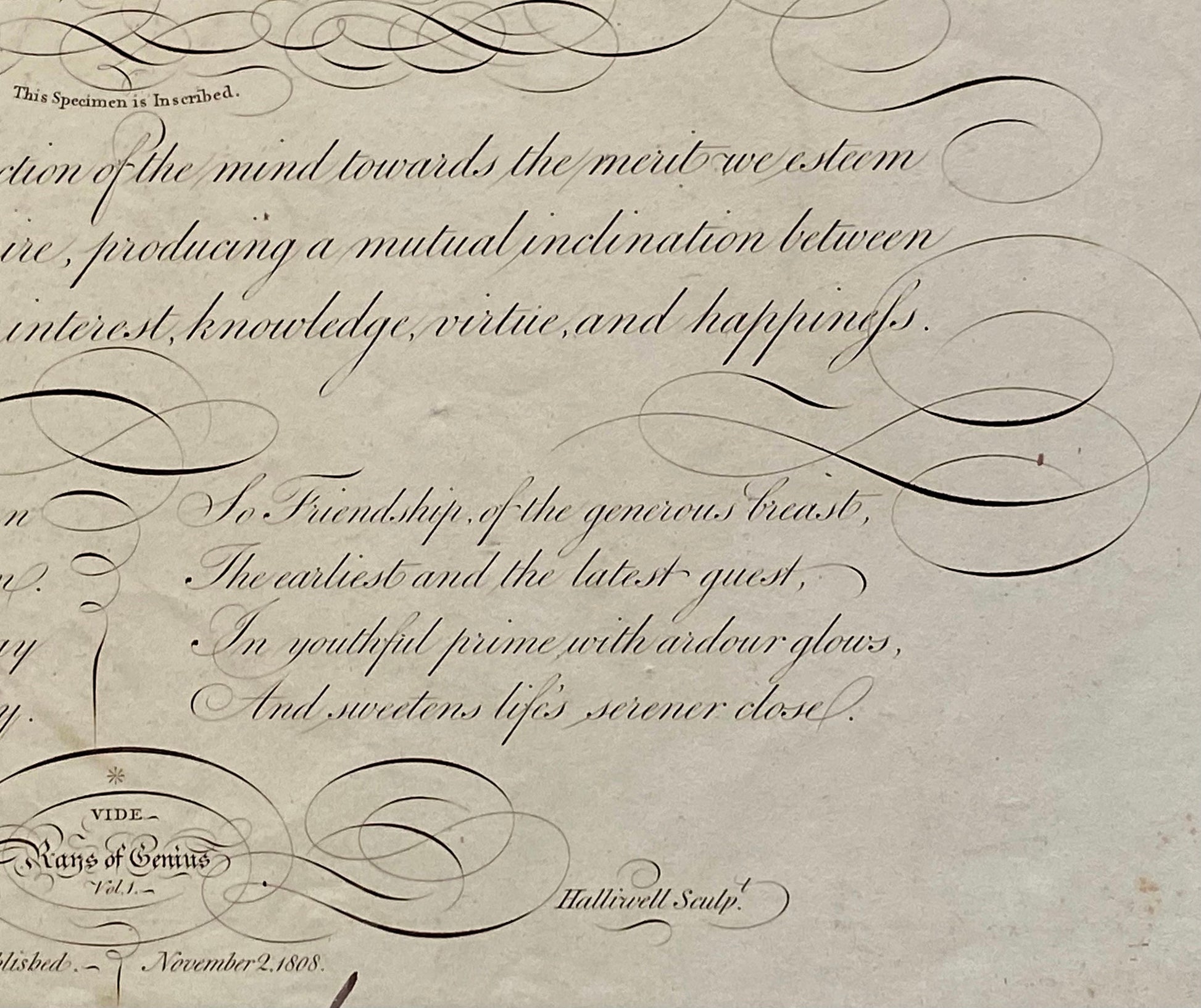 To Mr William Butler. Friendship. Calligraphy by Thomas Tomkins. From The Beauties of Writing. Published in 1808. Size: 28 x 43.7 cms