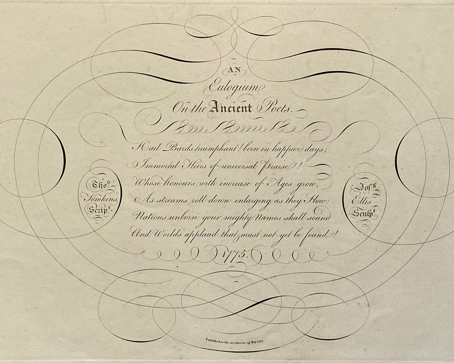 An Eulogium on The Ancient Poets. Calligraphy by Thomas Tomkins. From The Beauties of Writing. Published in 1808. Size: 28 x 43.7 cms