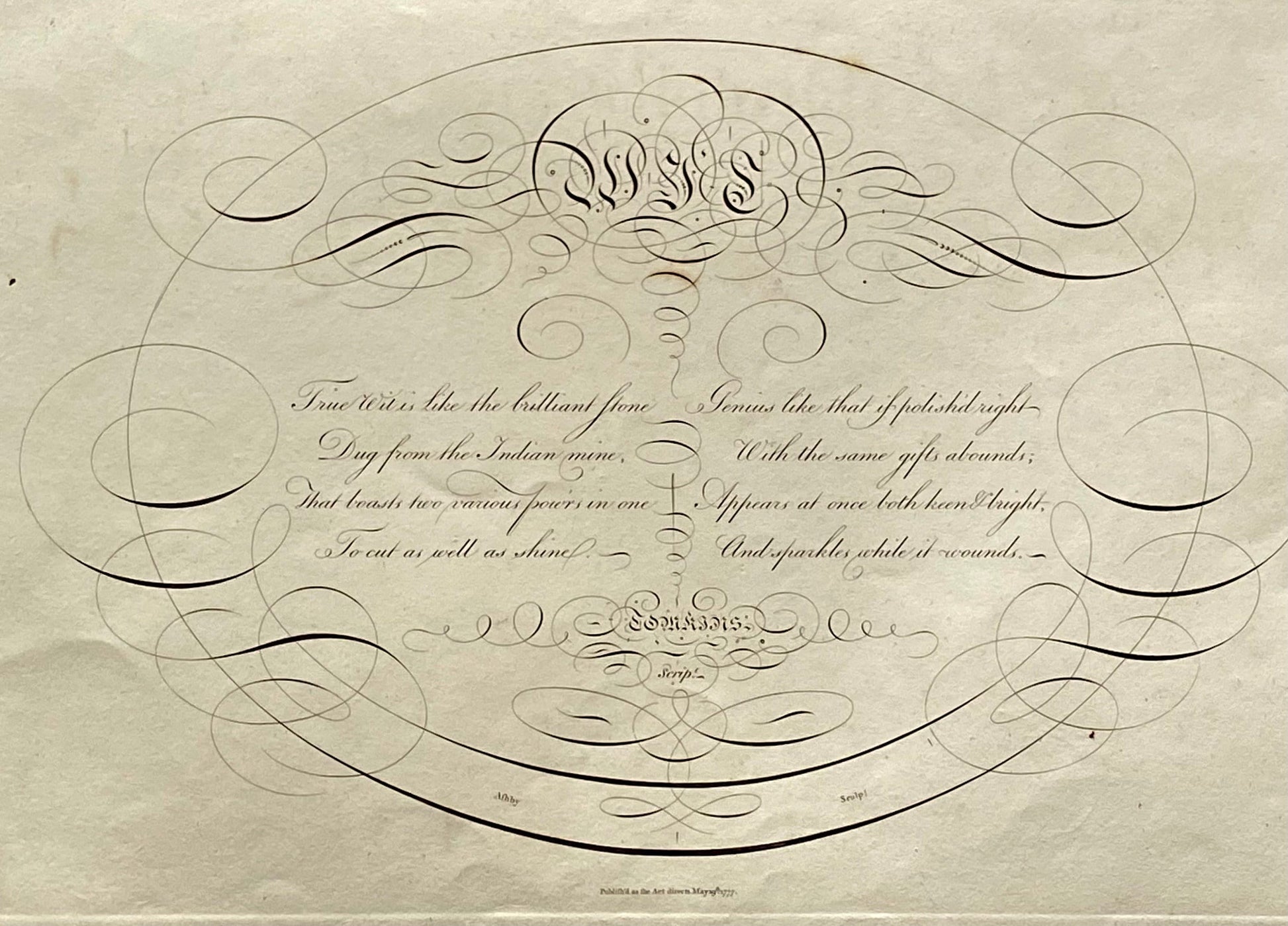 Wit. Calligraphy by Thomas Tomkins. From The Beauties of Writing. Published in 1808. Size: 28 x 43.7 cms