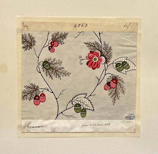 A Genuine 19th Century French Textile Design. Dated 1838. Mounted on Antique Paper. Size: 16.5 x 16.5 cms.