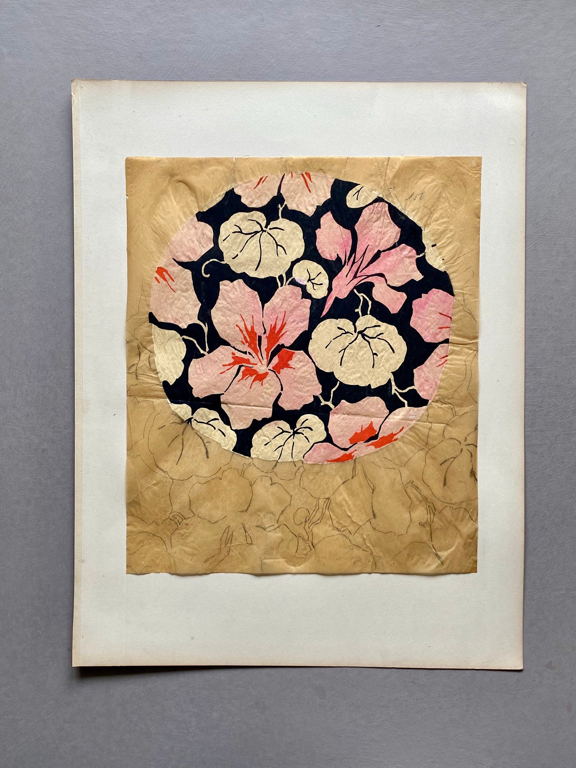 Nasturtiums. An Original Antique Textile Design. Hand Drawn and Painted. Produced in Lyon, France in 1930. Large: 30.2 x 25.5 cms.