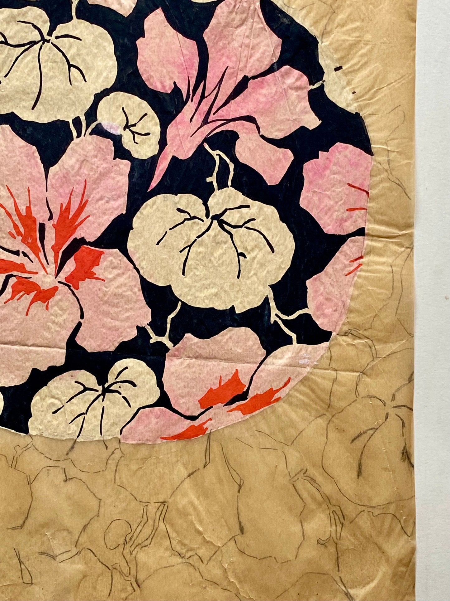 Nasturtiums. An Original Antique Textile Design. Hand Drawn and Painted. Produced in Lyon, France in 1930. Large: 30.2 x 25.5 cms.