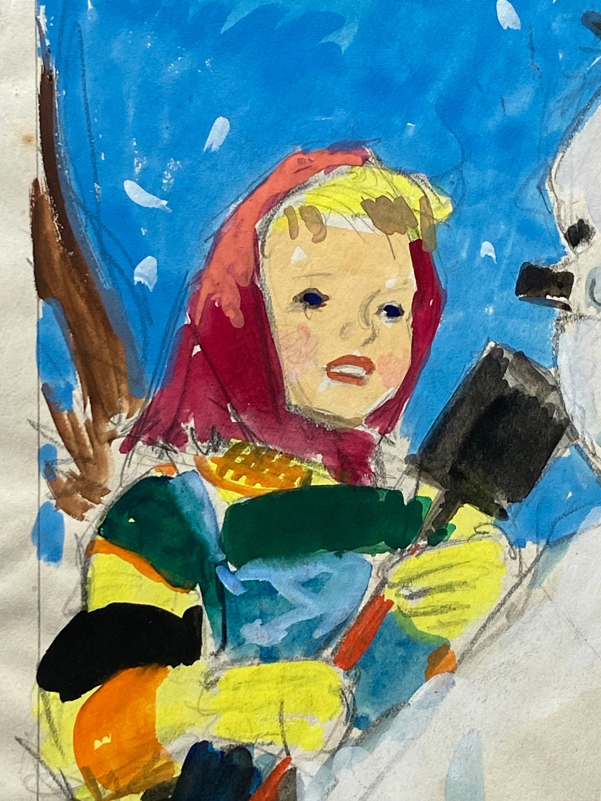 Girl Making a Snowman. An Original Illustration From The 1950’s. Watercolour. Size: 21 x 28.5 cms.