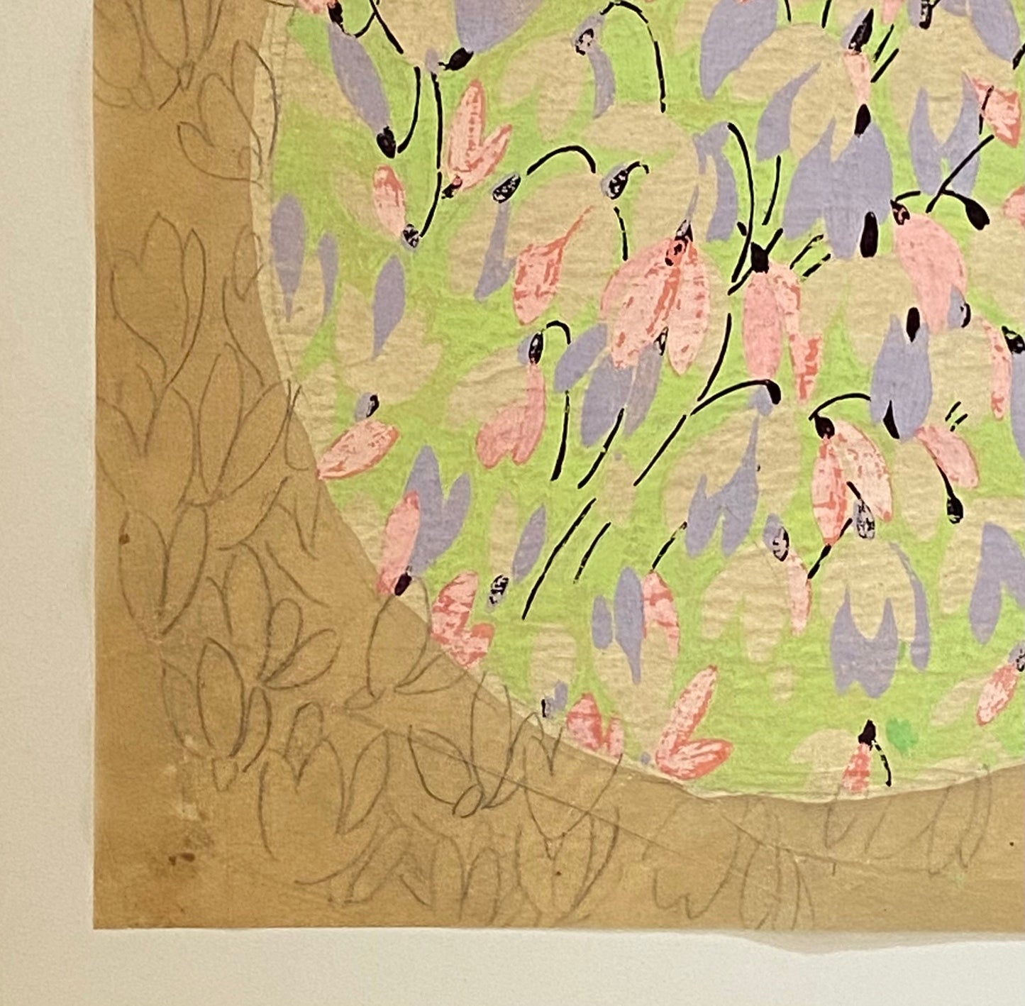 An Original Antique Textile Design. Hand Drawn and Painted. Produced in Lyon, France in the 1930s. Large: 26.5 x 25.5 cms.