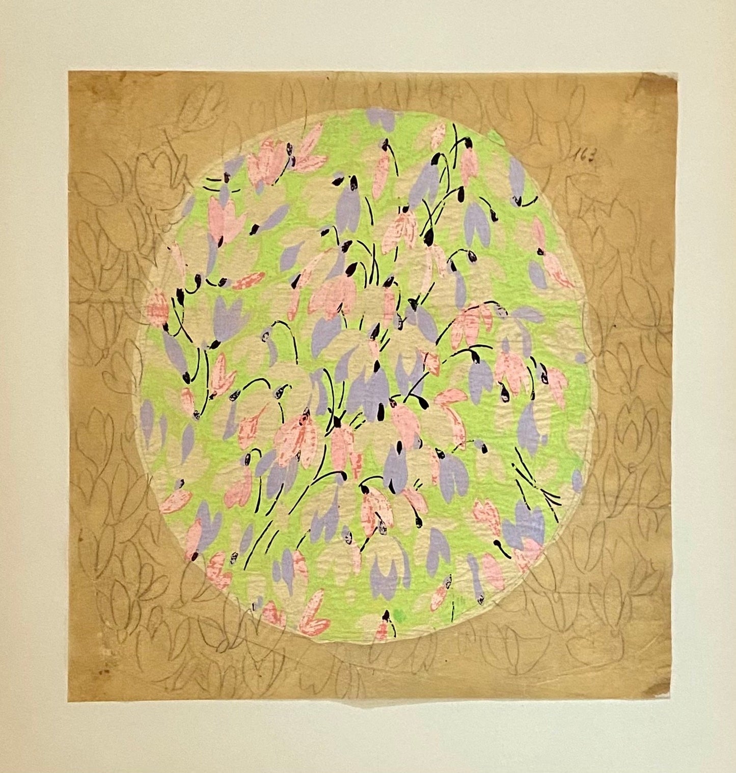 An Original Antique Textile Design. Hand Drawn and Painted. Produced in Lyon, France in the 1930s. Large: 26.5 x 25.5 cms.