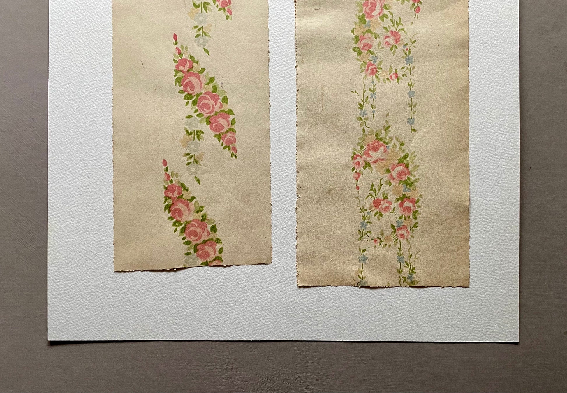 Roses. Two Original Antique Textile Designs. Hand Printed. Produced in Lyon, France in 1890. Large: 52 x 37 cms.