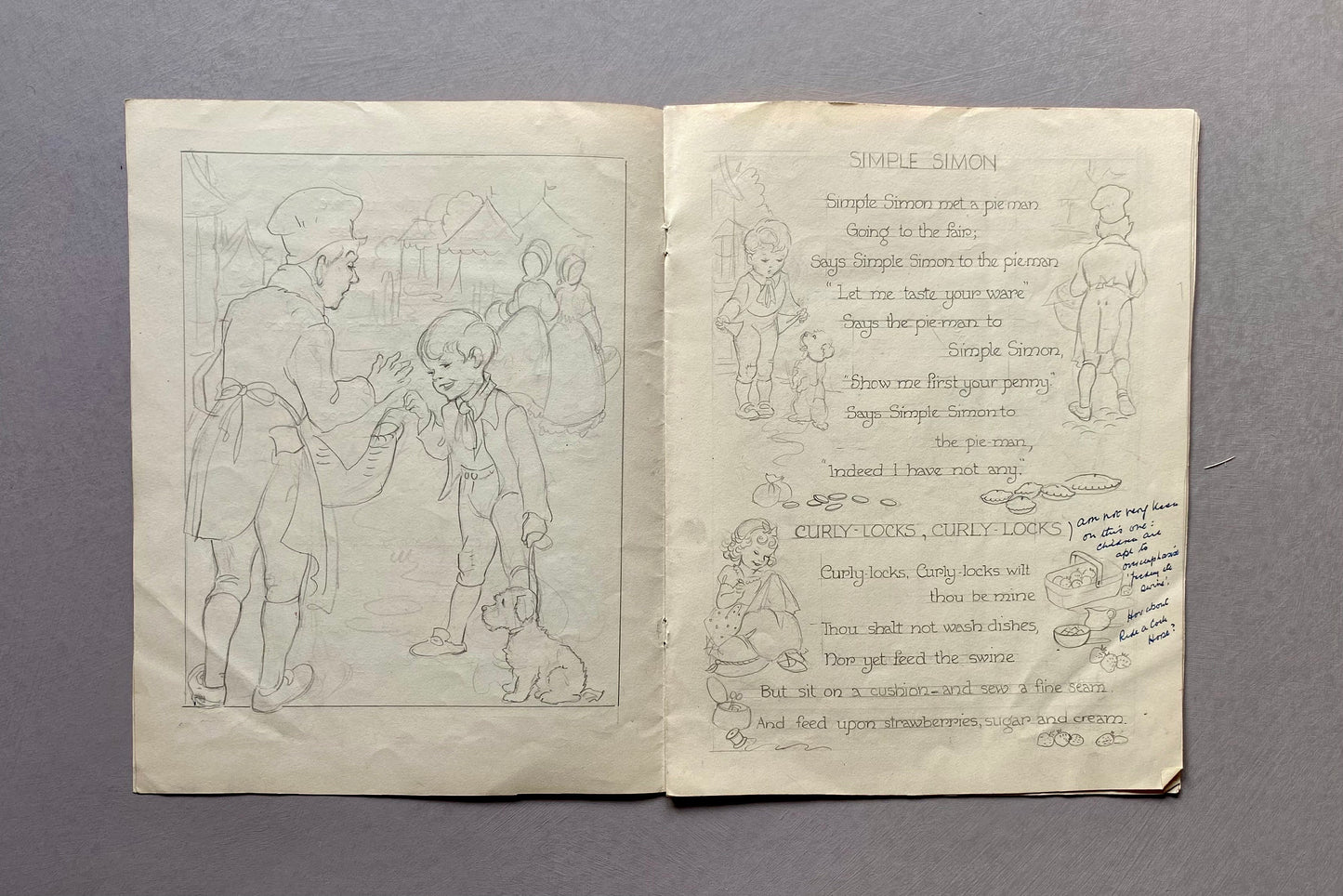 Original Artwork For a Book of Nursery Rhymes. 11 Black & White Drawings and 1 Watercolour Picture. 1950’s. Size: 28 x 22 cms.