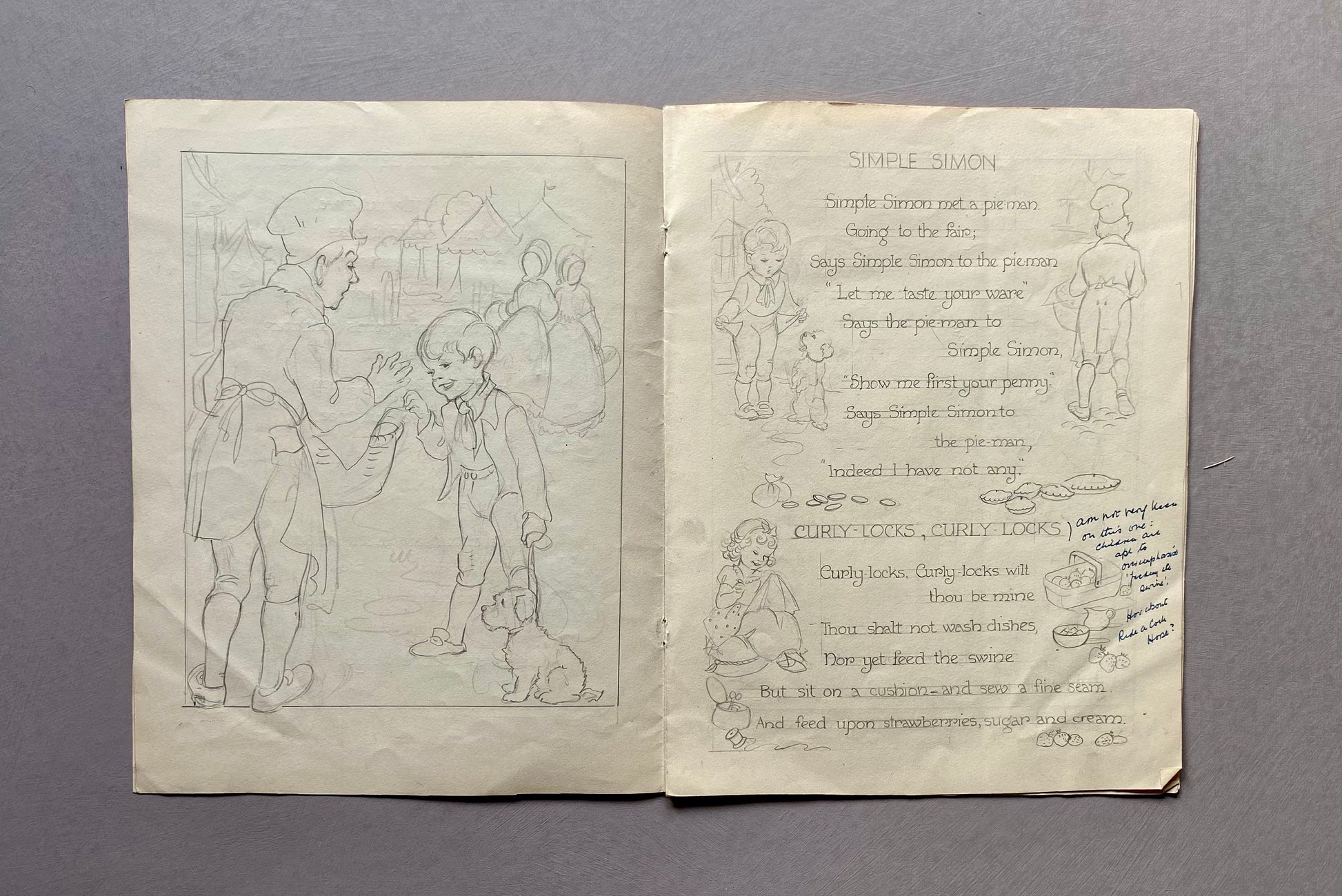 Original Artwork For a Book of Nursery Rhymes. 11 Black & White Drawings and 1 Watercolour Picture. 1950’s. Size: 28 x 22 cms.